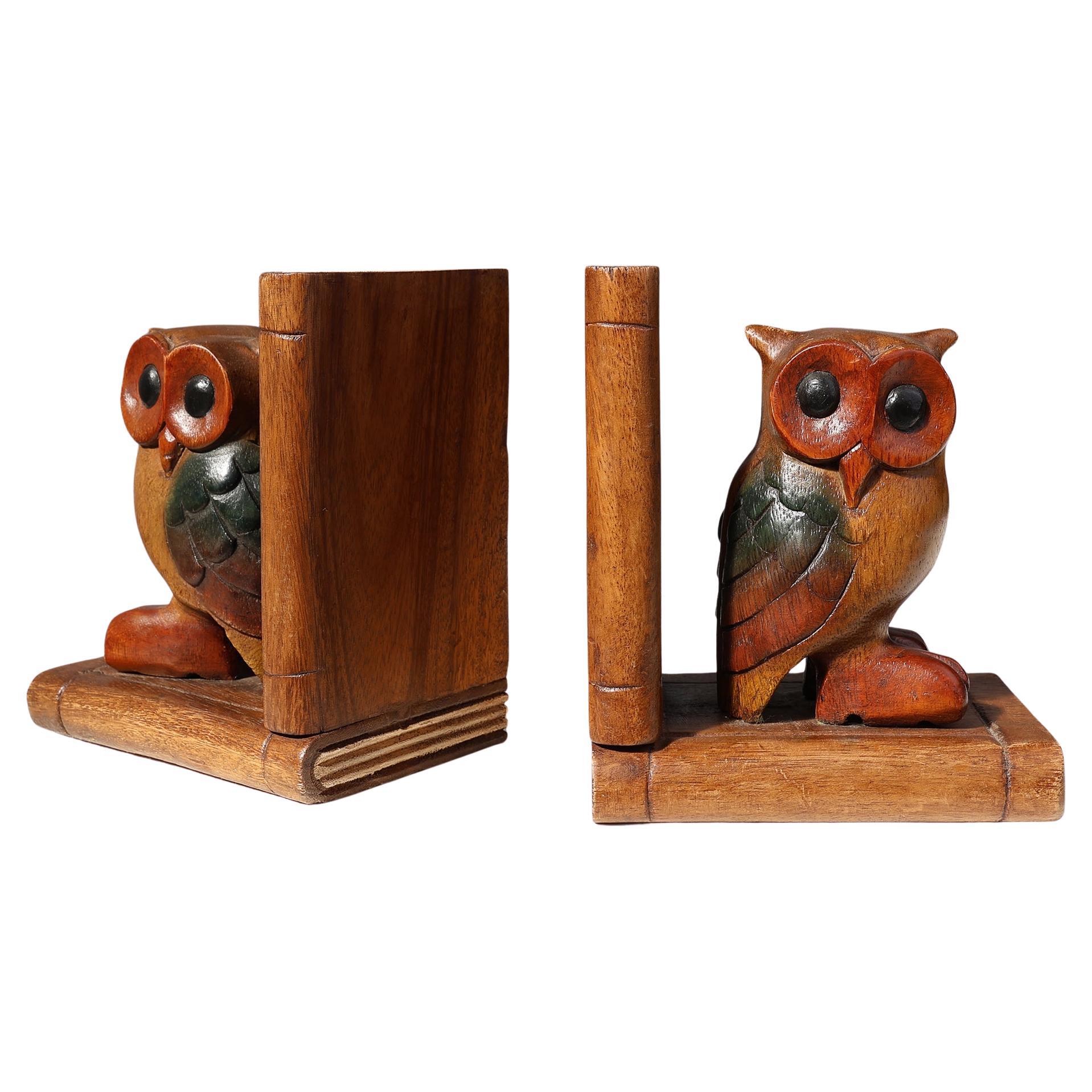 French Art Deco Wooden Owl Bookends, 1920s, Set of 2