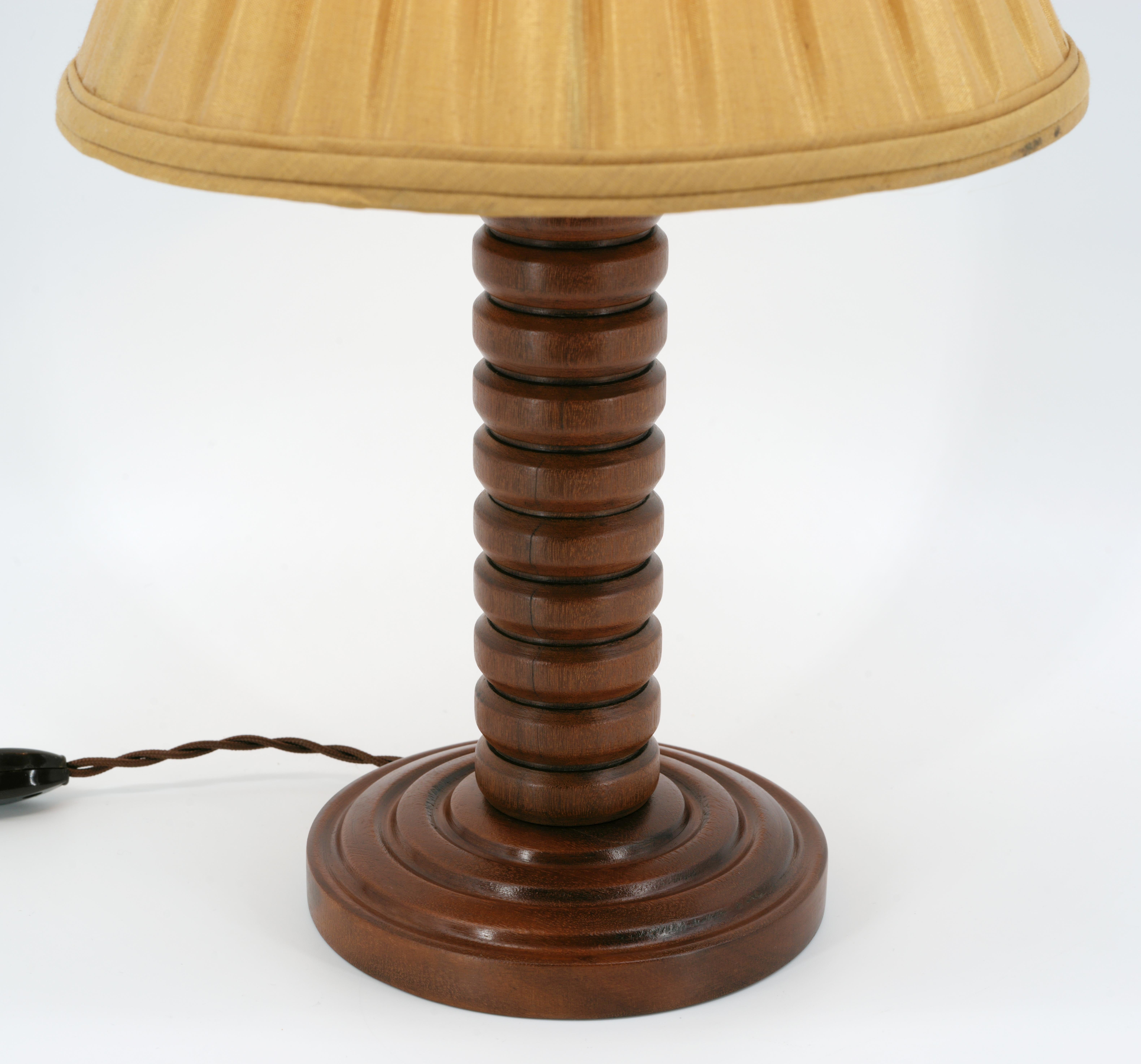 Fabric French Art Deco Wooden Table Lamp by Bouchard, 1930s For Sale