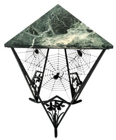 French Art Deco Wrough Iron Side Table with Green Marble Top, 1930s