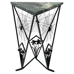 Vintage French Art Deco Wrough Iron Side Table with Green Marble Top, 1930s