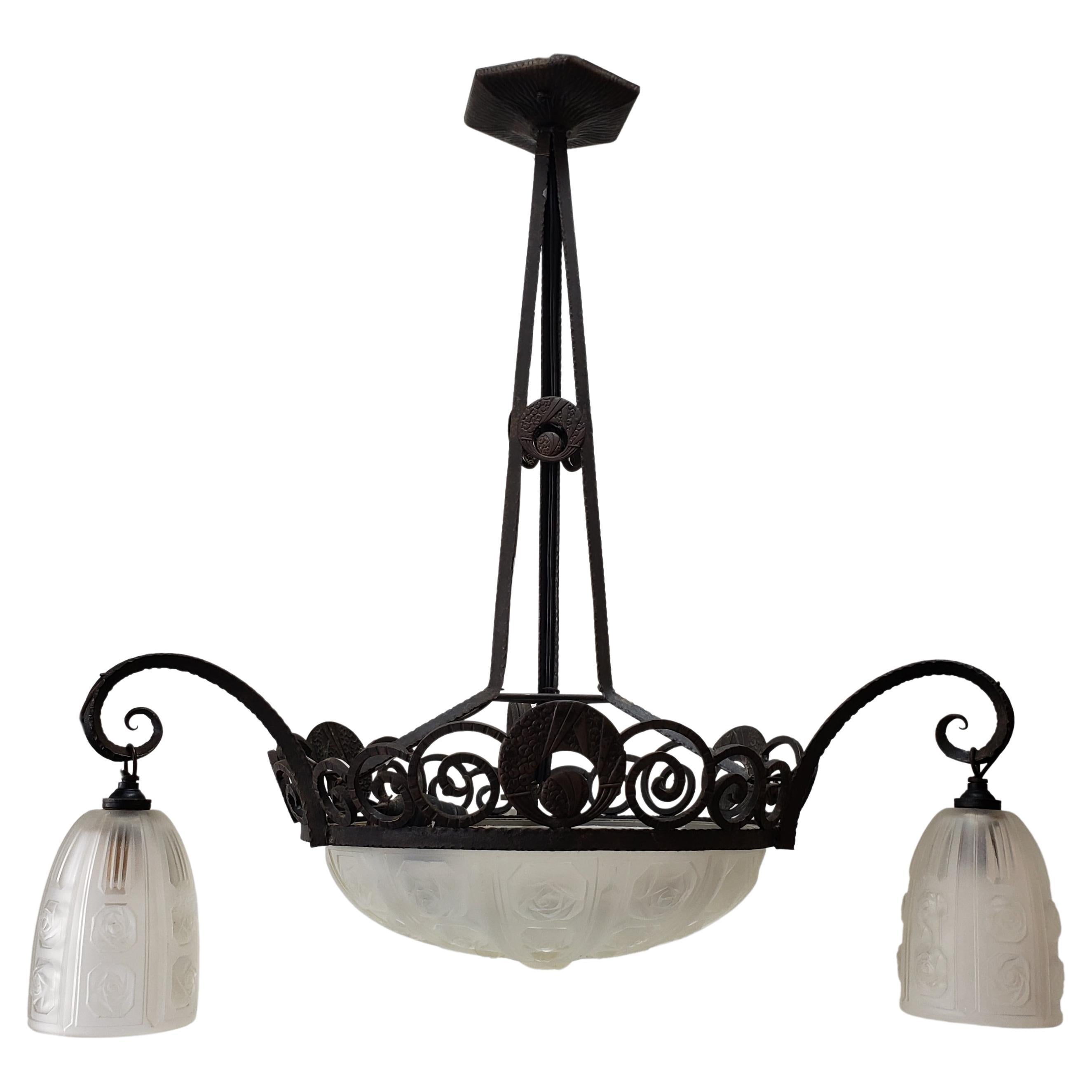 French Art Deco Wrought Iron and Cased Glass Chandelier For Sale