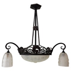 French Art Deco Wrought Iron and Cased Glass Chandelier