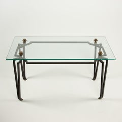French Art Deco Wrought Iron and Glass Coffee Table with Bronze Finials 20th C.