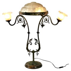 French Art Deco Wrought Iron and Glass Table Lamp