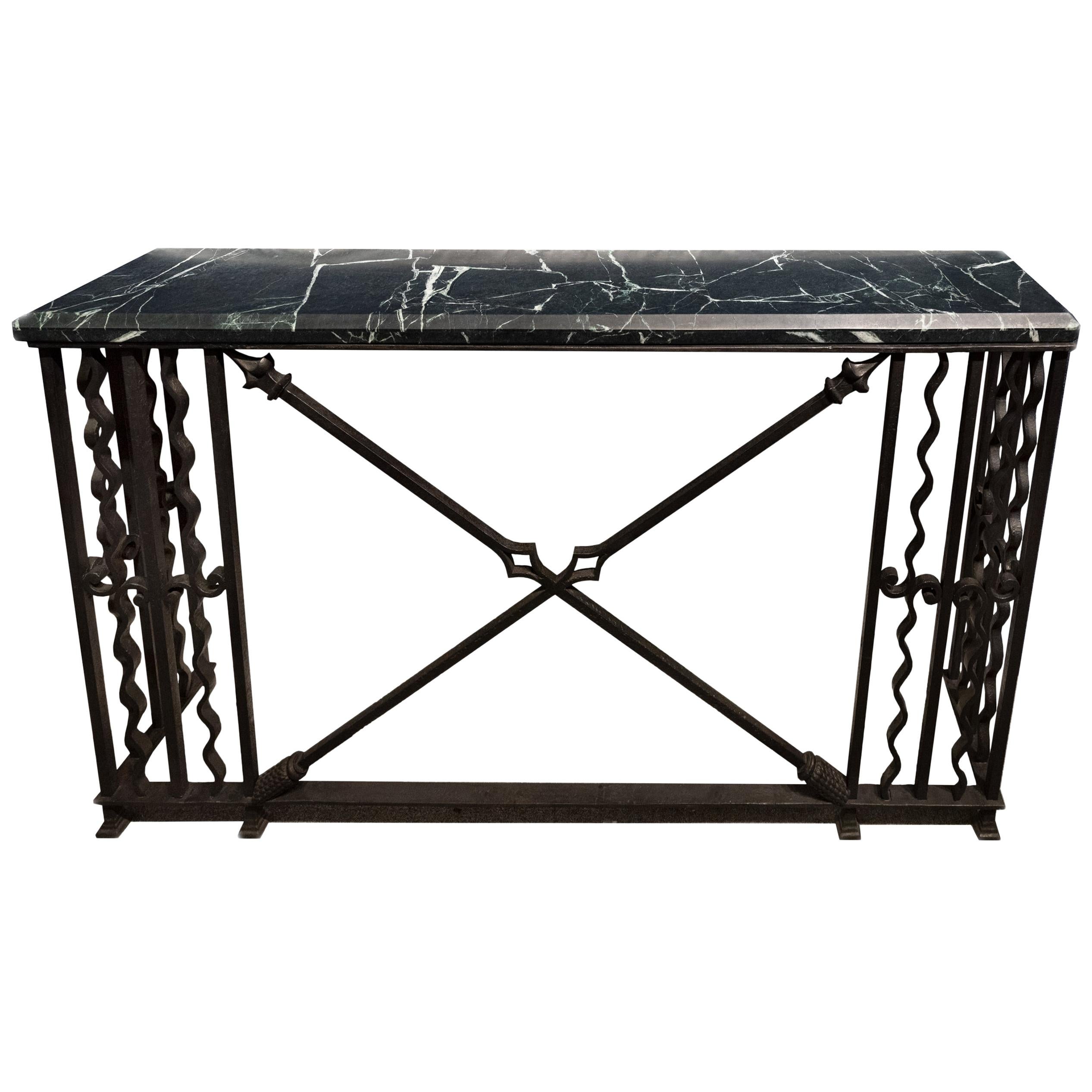 French Art Deco Wrought Iron and Marble Console Table