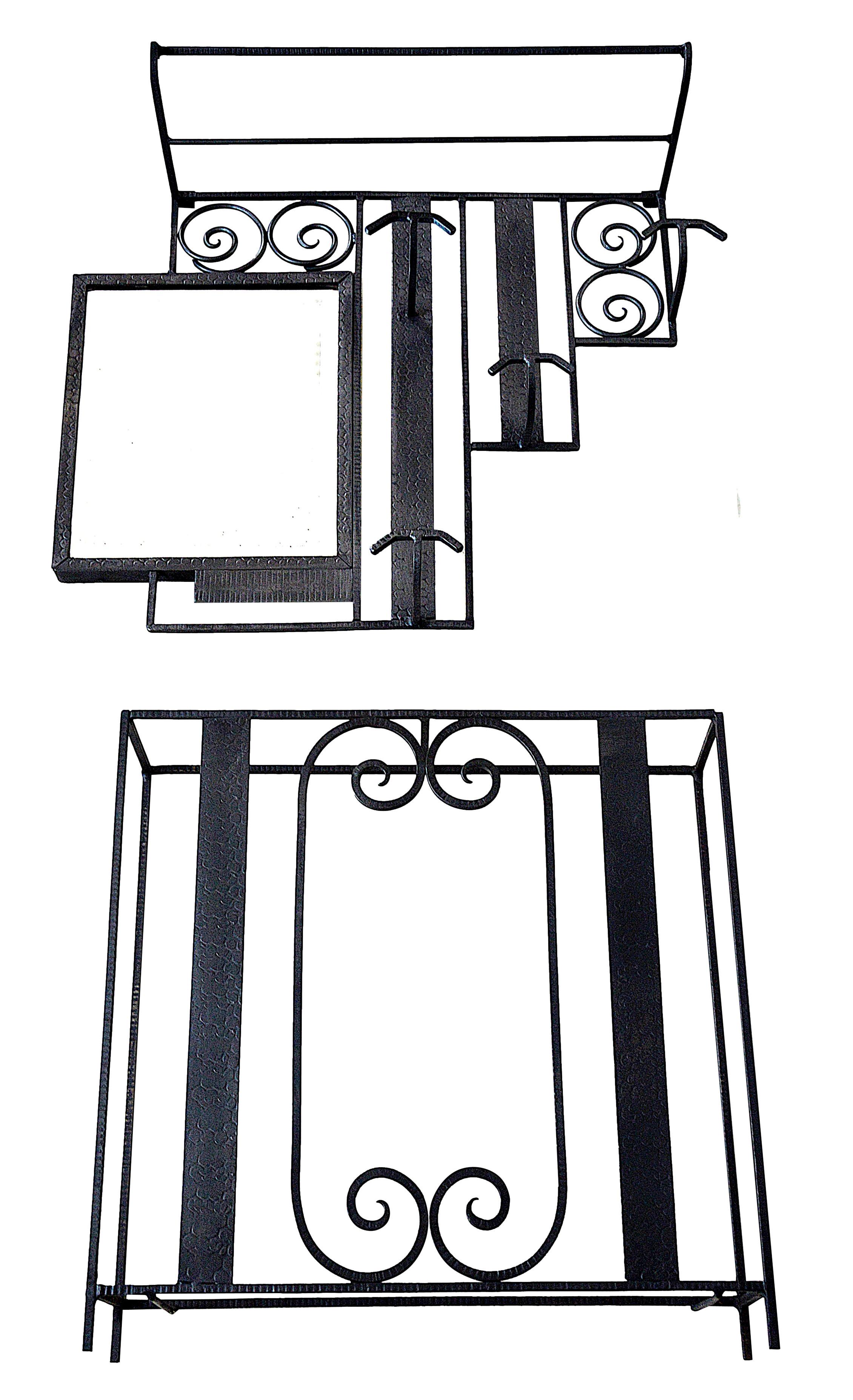 Inizio XX secolo Appendiabiti e portaombrelli francese Art Deco Mirror in ferro battuto e specchio 1920 in vendita