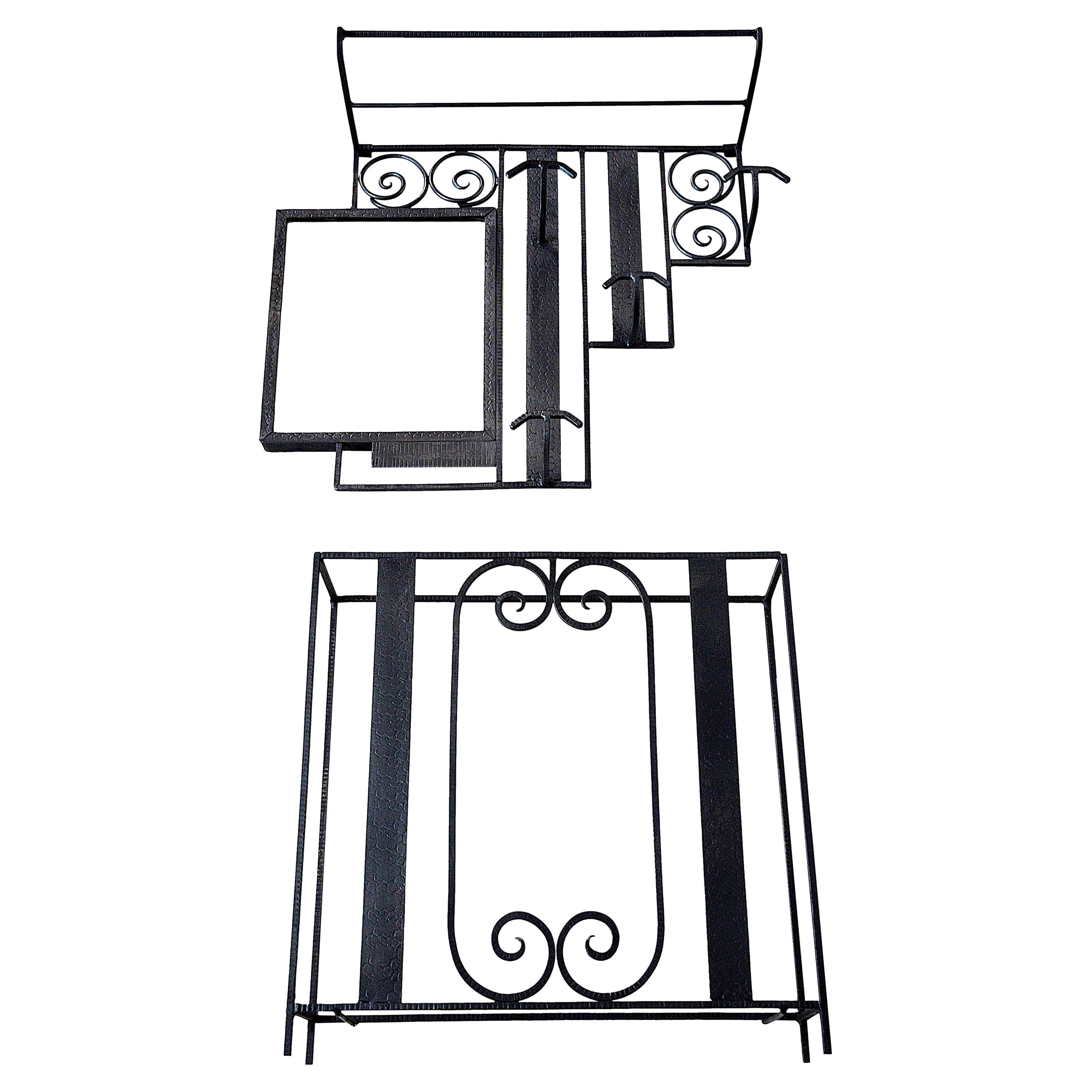 French Art Deco Wrought Iron and Mirror Coat Peg, and Umbrella Stand, 1920