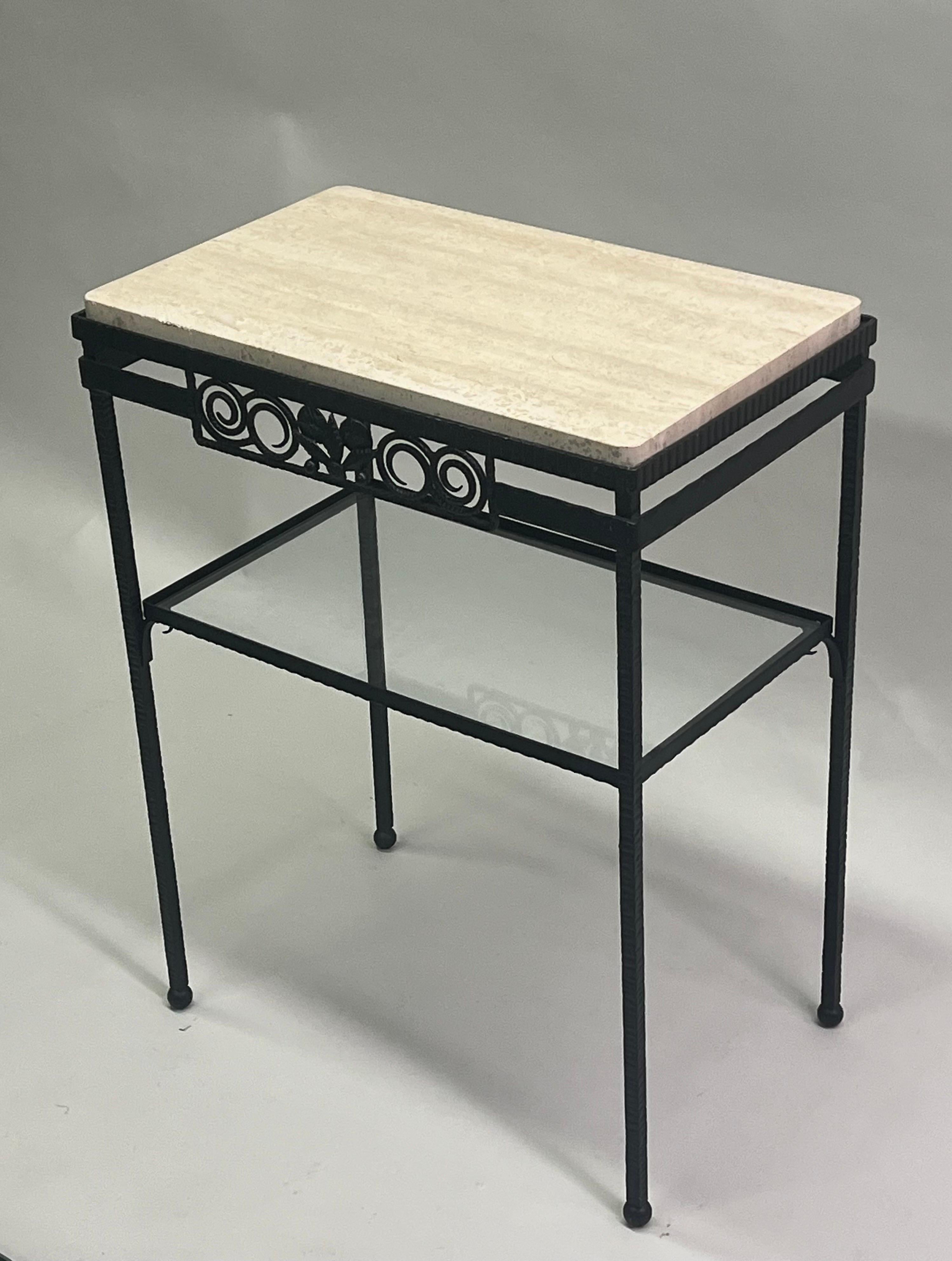 Mid-Century Modern French Art Deco Wrought Iron and Travertine Console Attributed to Edgar Brandt For Sale