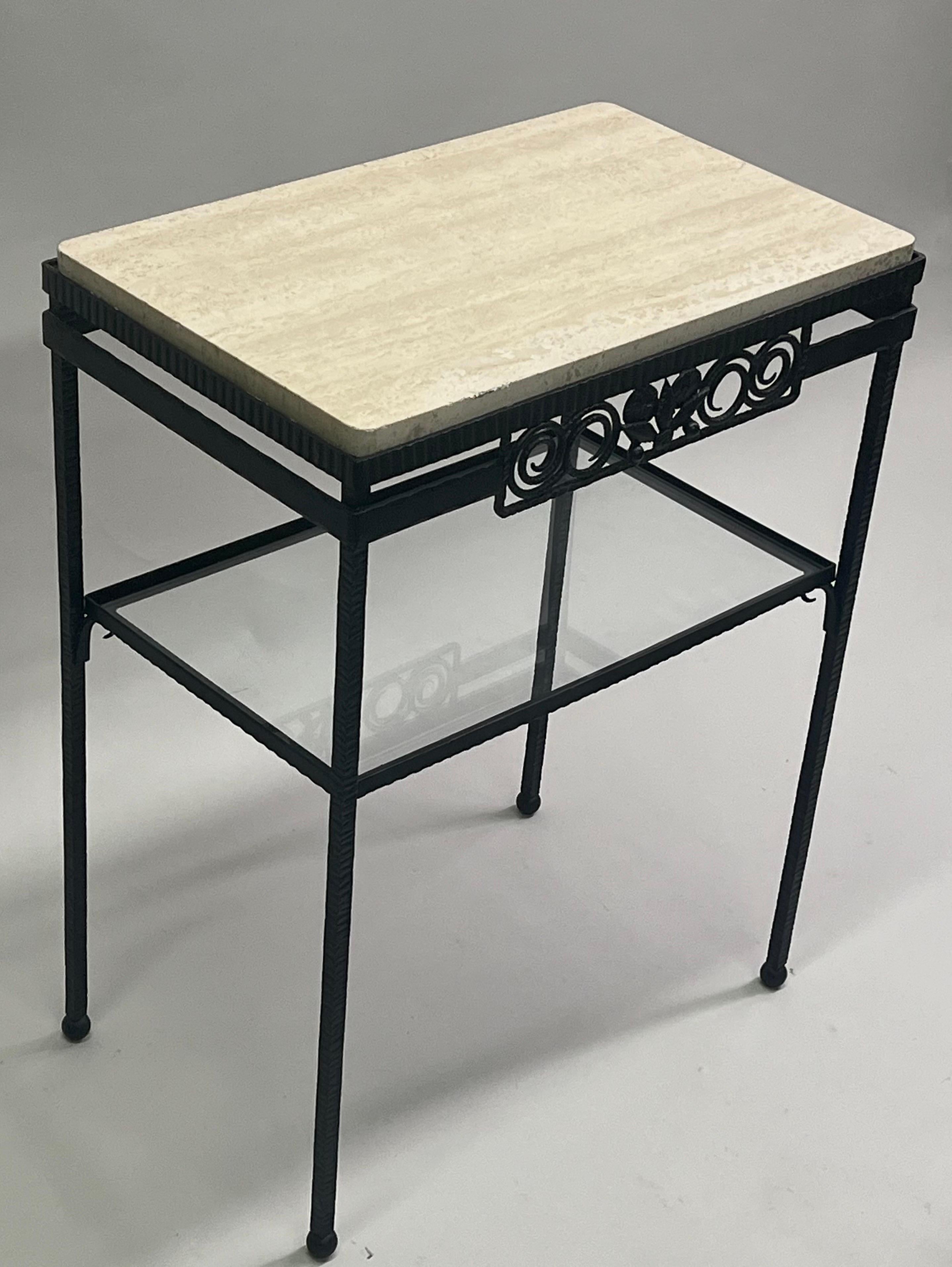 Hammered French Art Deco Wrought Iron and Travertine Console Attributed to Edgar Brandt For Sale