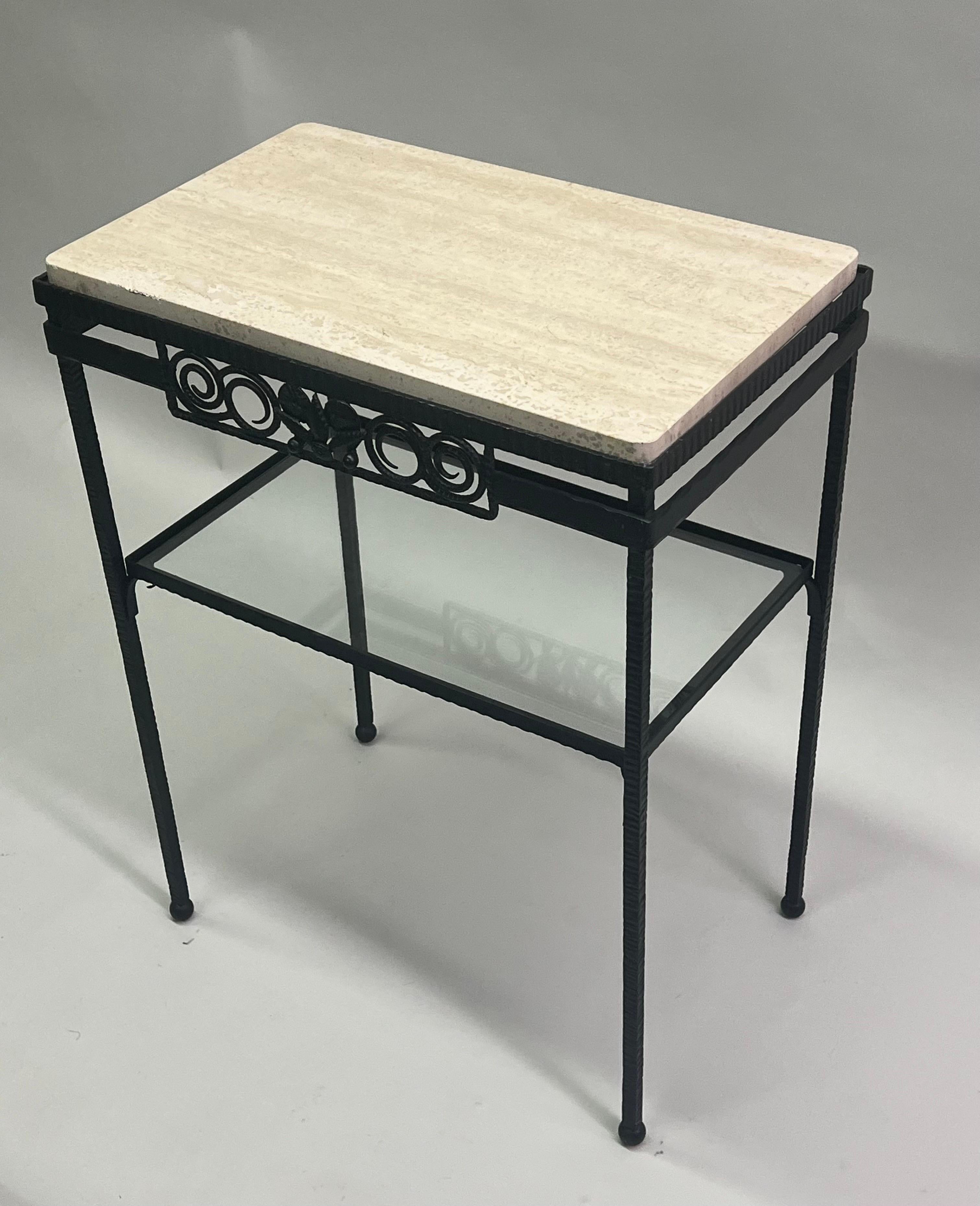 French Art Deco Wrought Iron and Travertine Console Attributed to Edgar Brandt In Good Condition For Sale In New York, NY