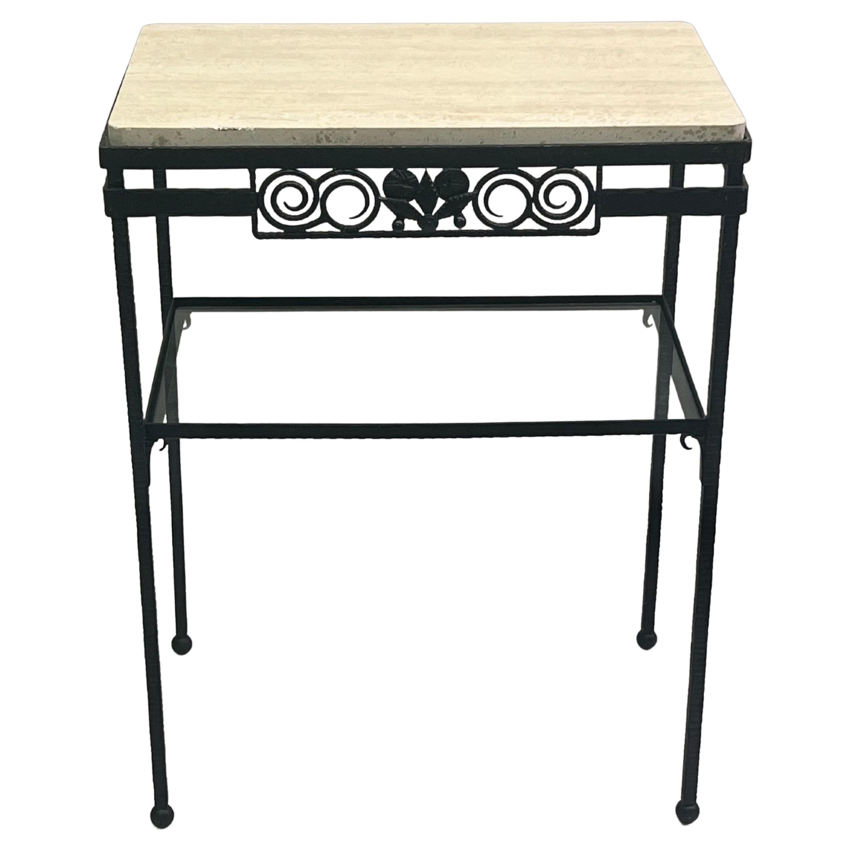 French Art Deco Wrought Iron and Travertine Console Attributed to Edgar Brandt