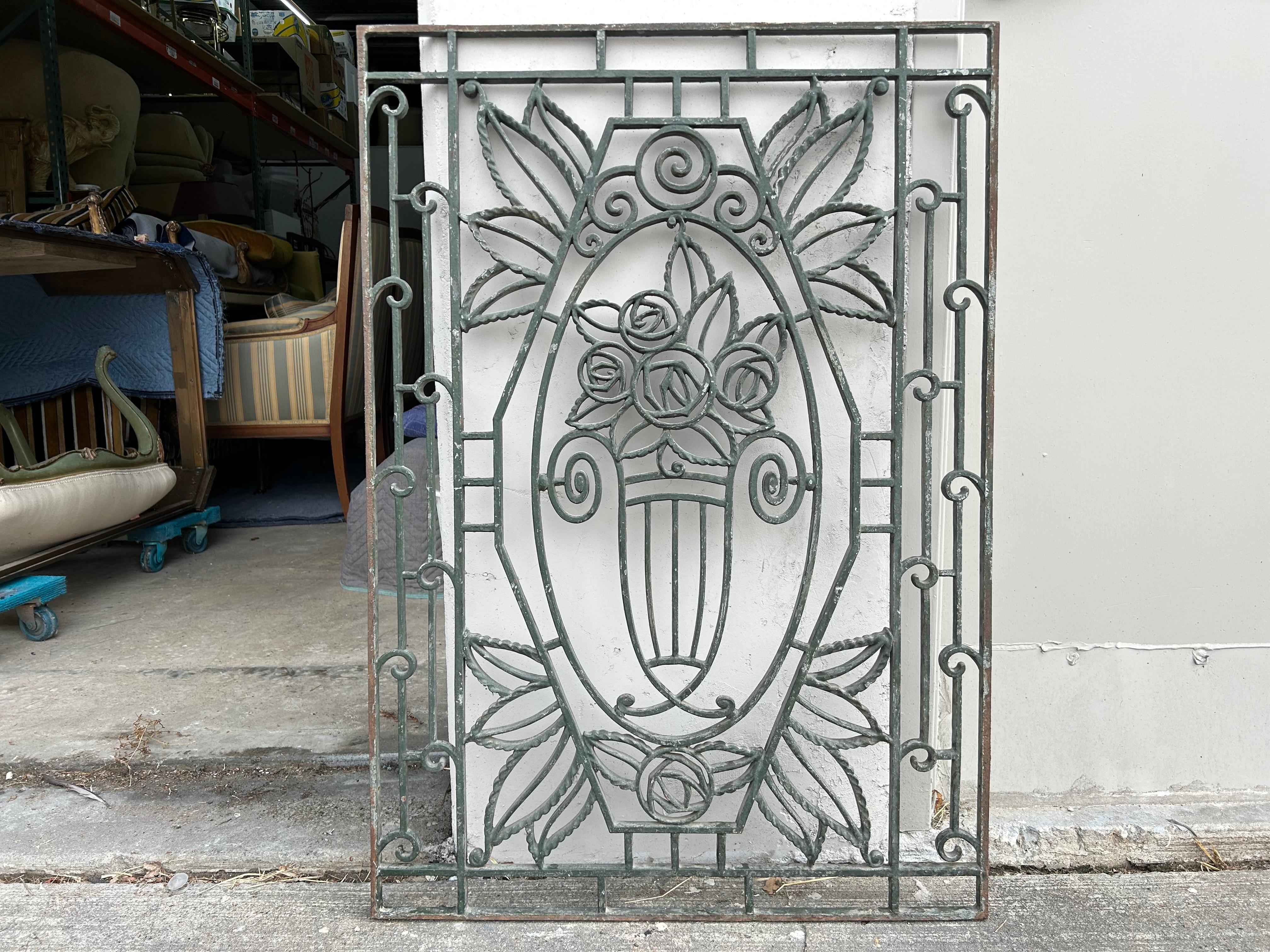 French Art Deco Wrought Iron Architectural Element.
This beautiful French Art Deco hand forged wrought architectural iron element was expertly crafted and would work well in an interior setting, on a patio, in a summer kitchen or in a