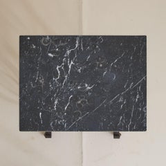 French Art Deco Wrought Iron + Black Fossil Marble Occasional Table, 1940s