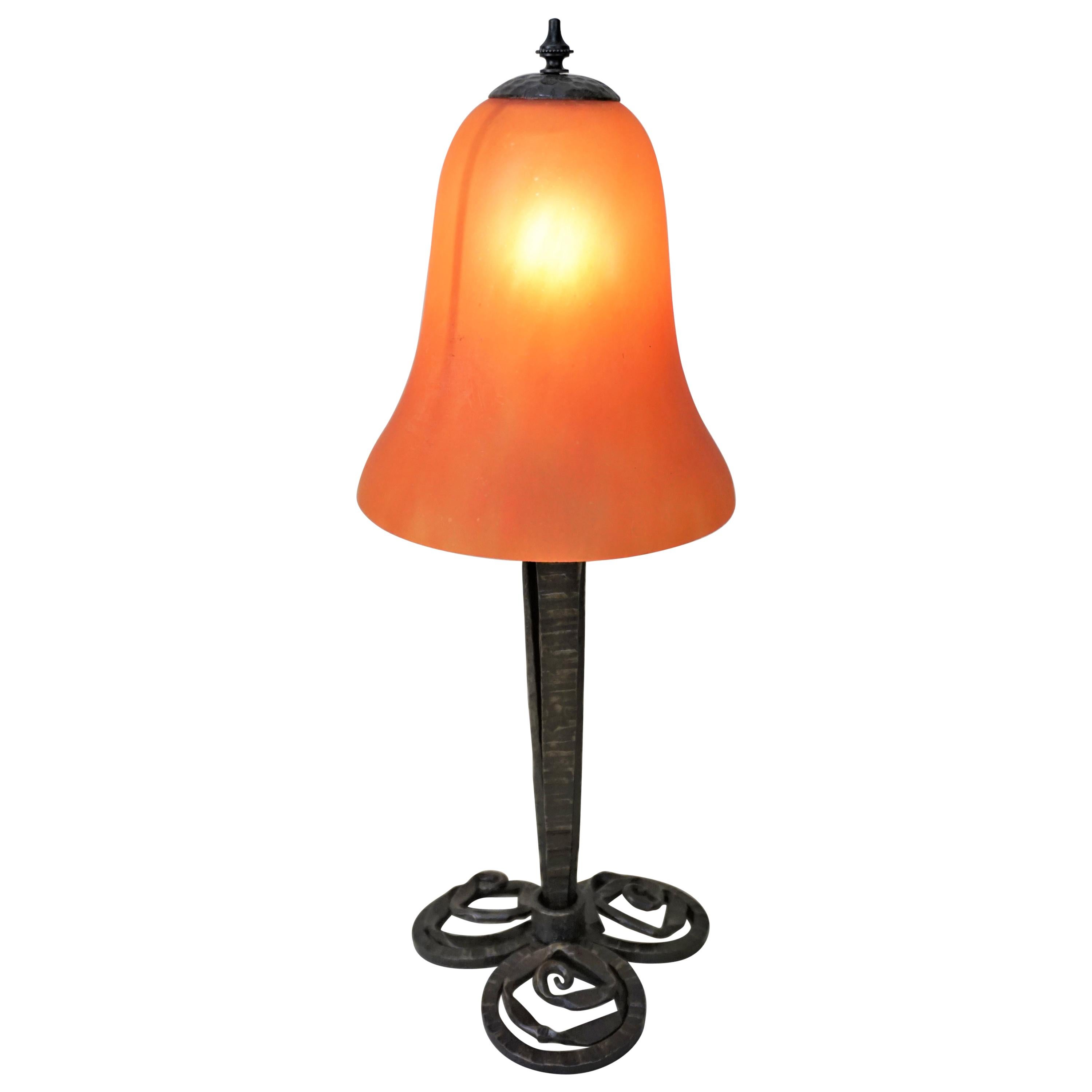 French Art Deco Wrought Iron Blown Art Glass Table Lamp