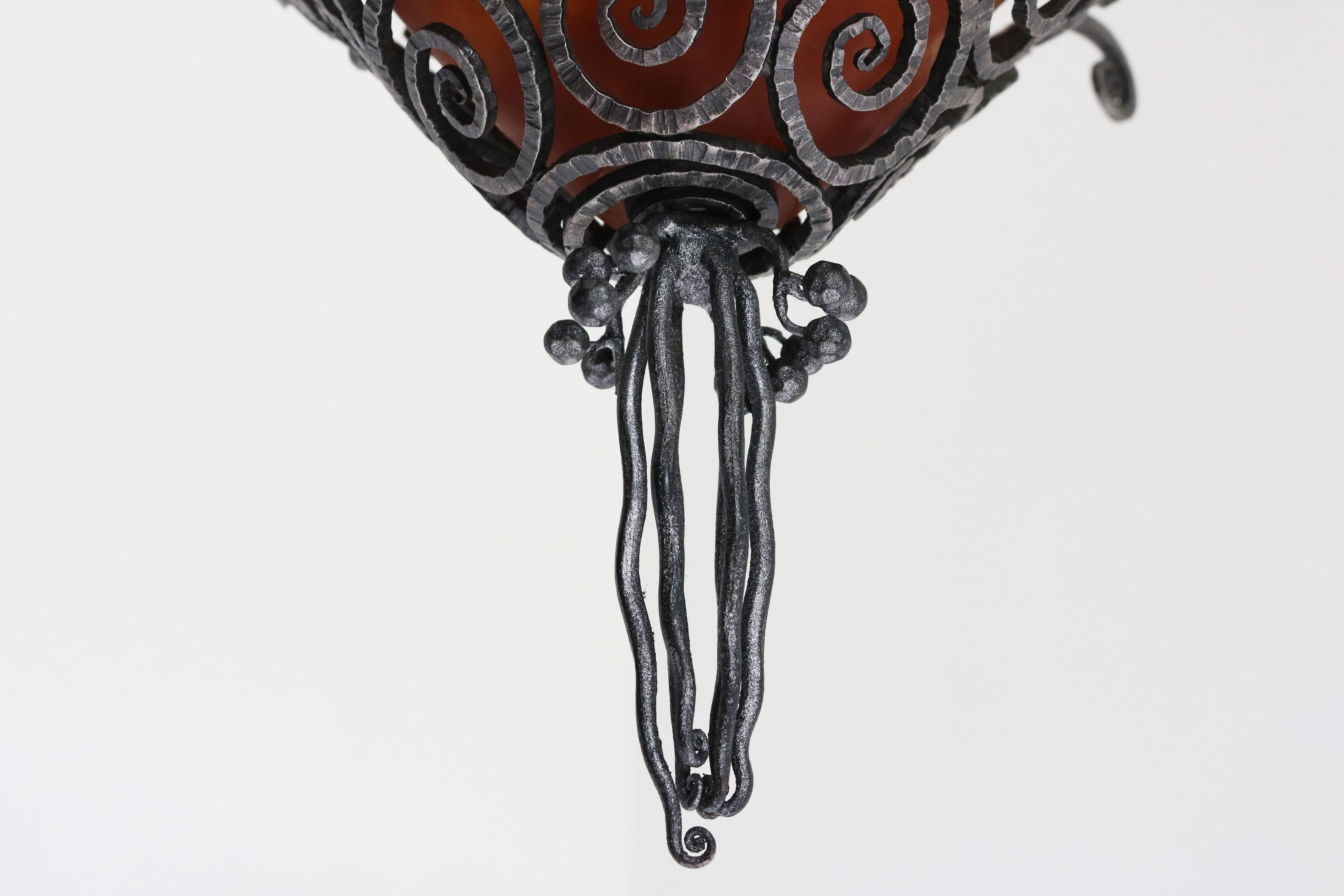French Art Deco wrought iron chandelier by Edgar Brandt & Daum Nancy 1920 Glass For Sale 2