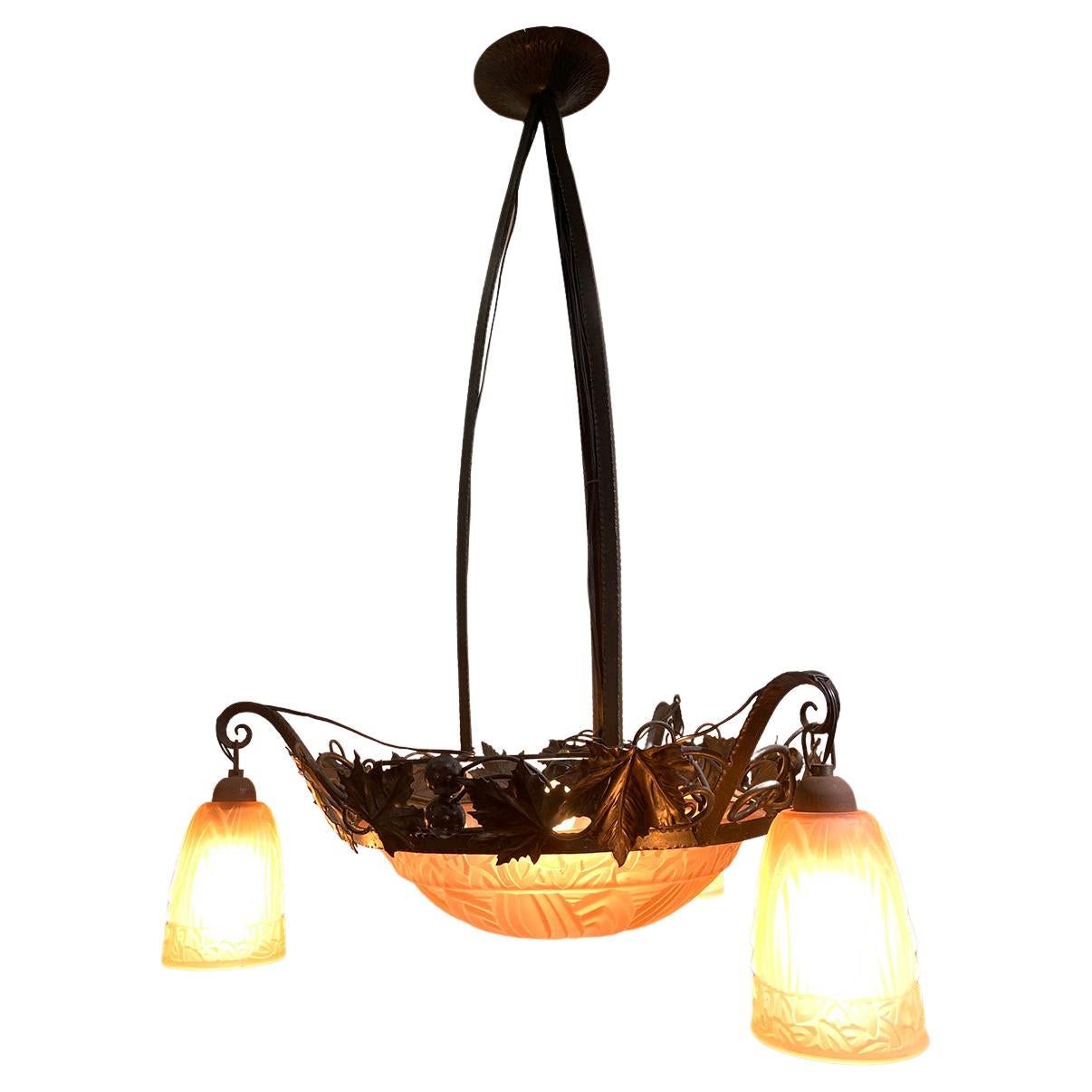 French Art Deco Wrought Iron Chandelier by Schneider