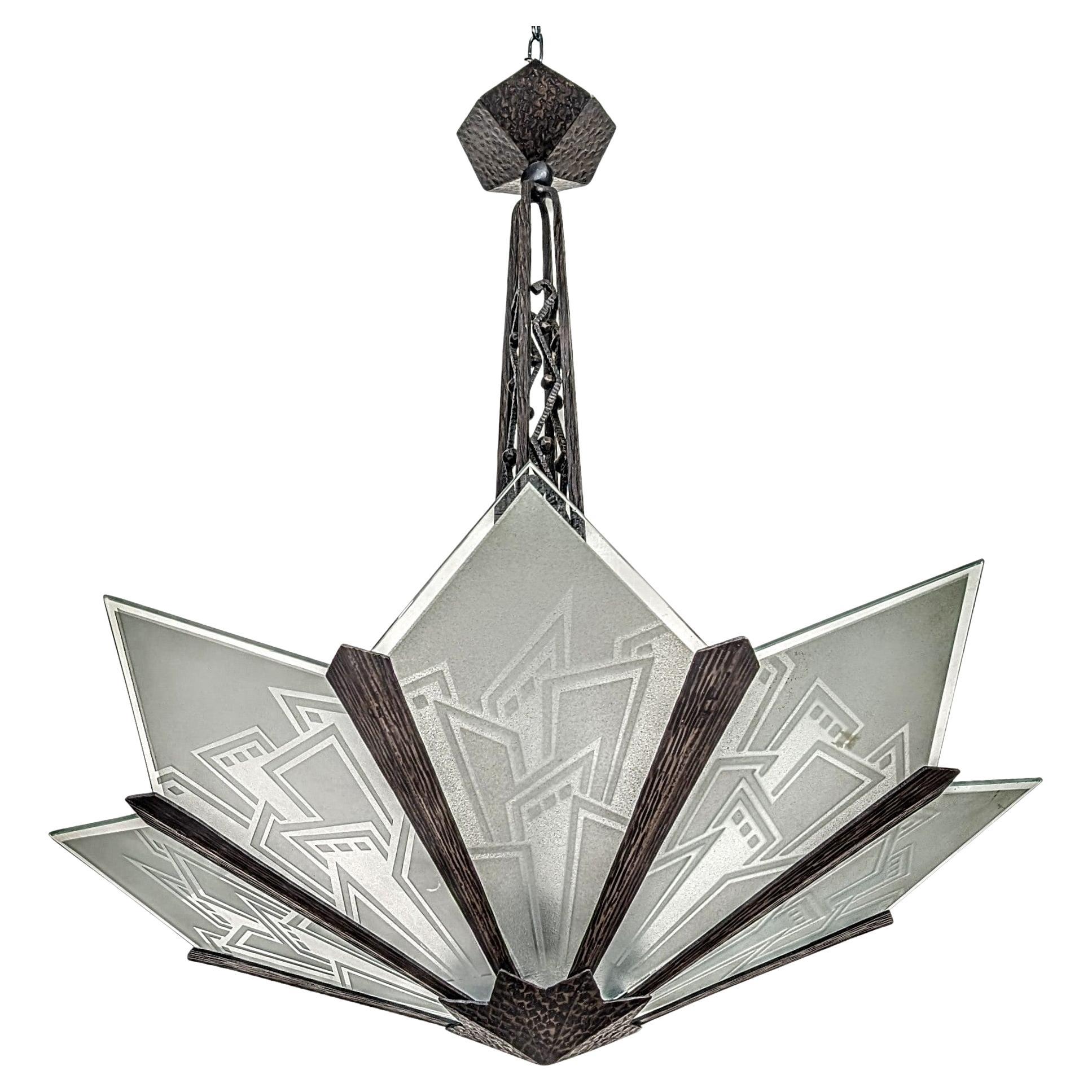 French Art Deco Wrought Iron Chandelier