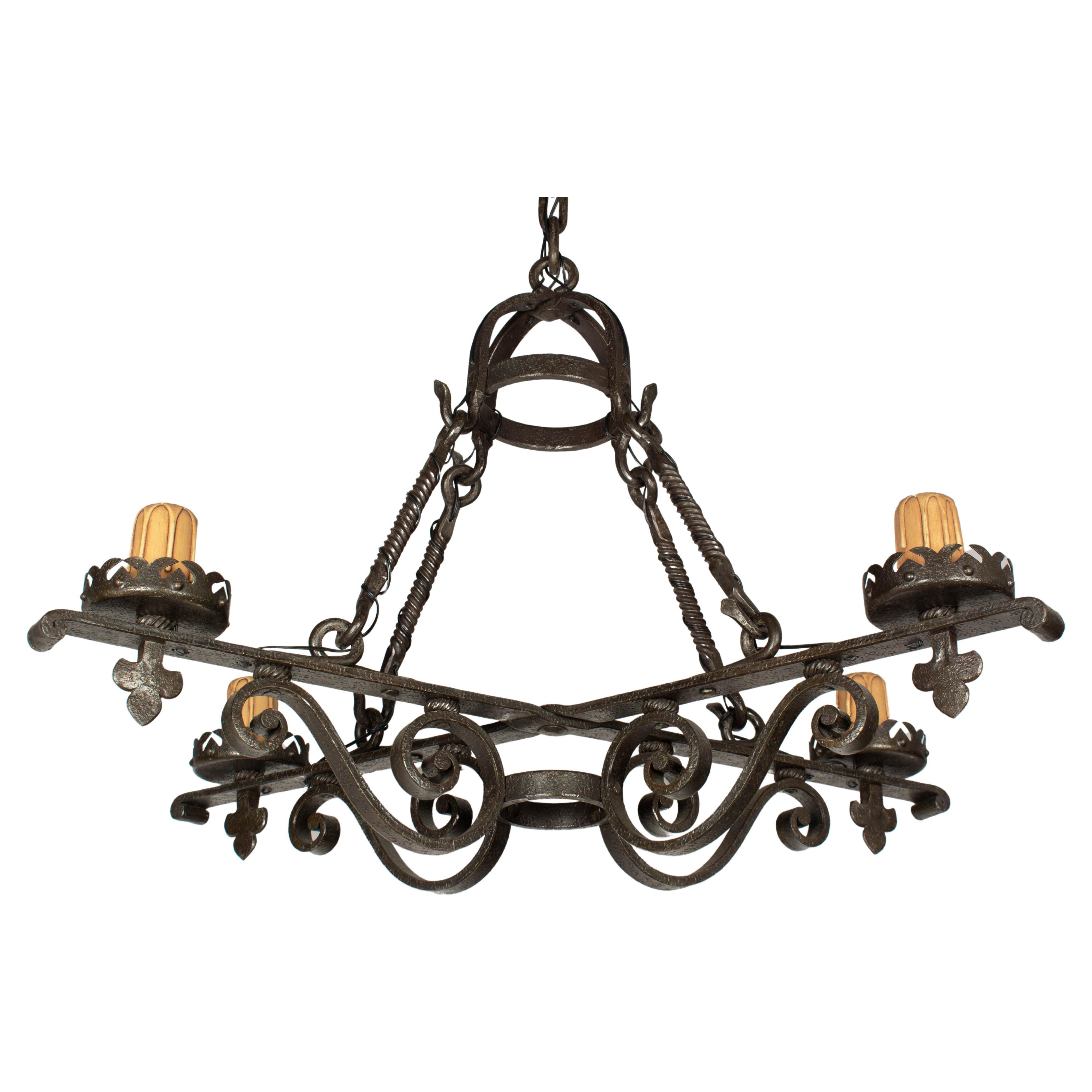 French Art Deco Wrought Iron Chandelier For Sale