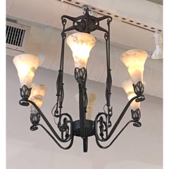 French Art Deco Wrought Iron Chandelier with Alabaster Shades by Edgar Brandt