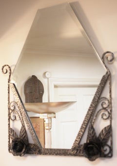 French Art Deco Wrought Iron Demi-Lune Vide Poche Entry Table & Mirror Set