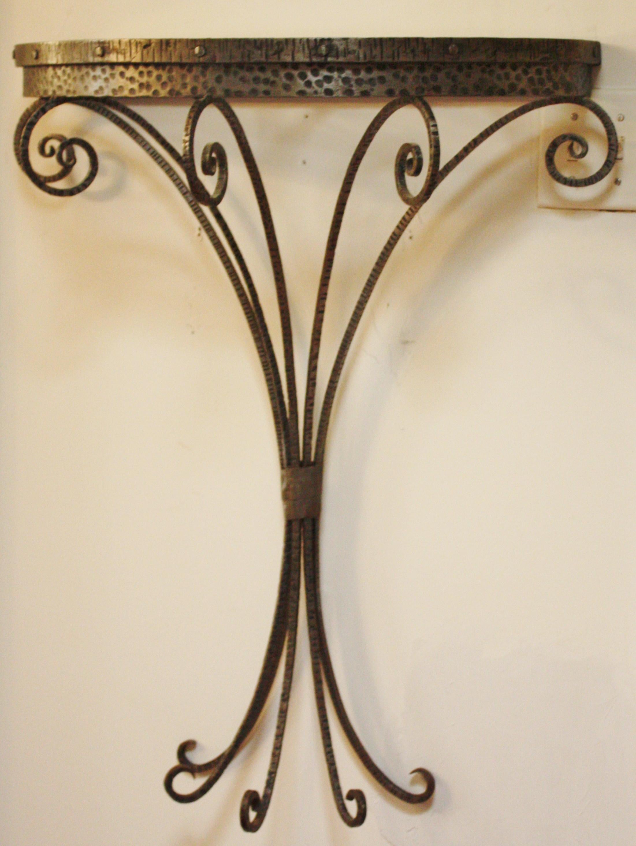 Early 20th Century French Art Deco Wrought Iron Demi-Lune Vide Poche Entry Table & Mirror Set
