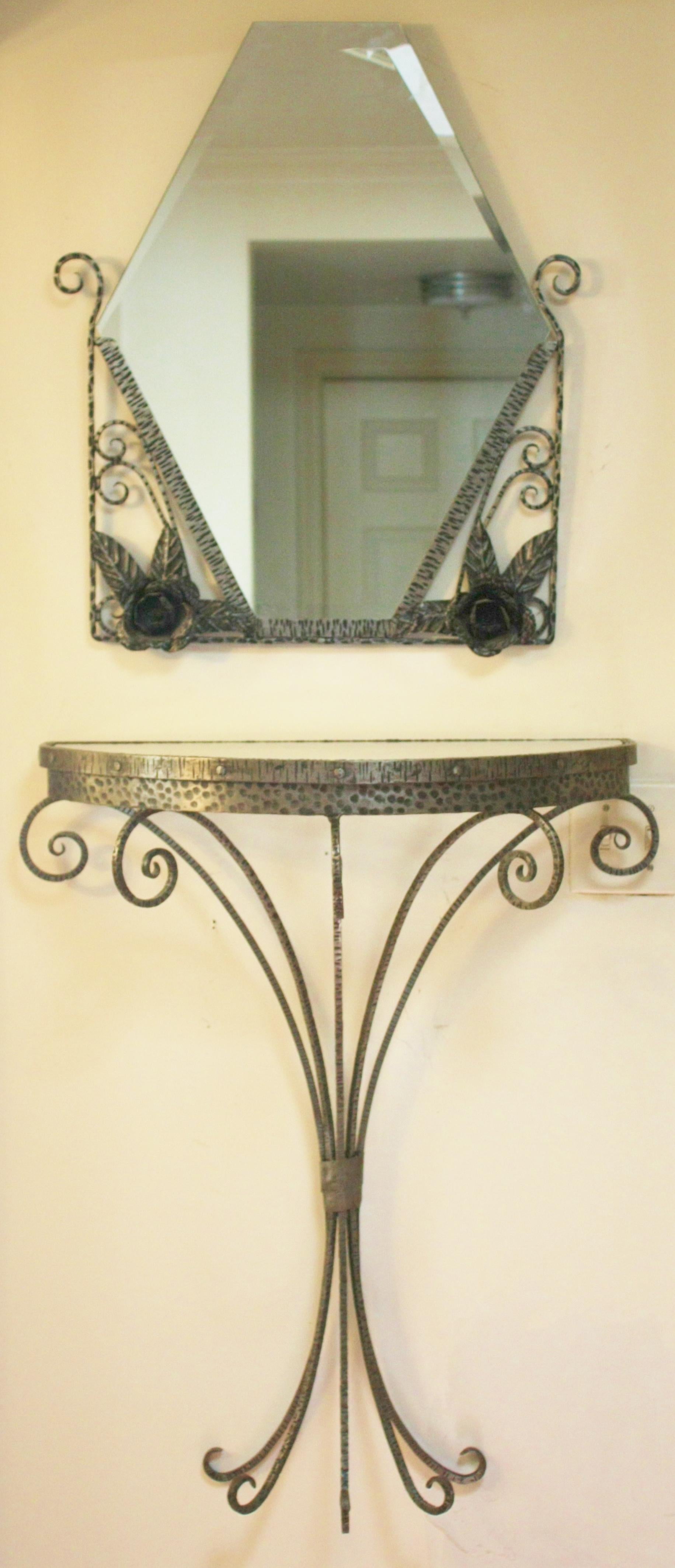 French Art Deco Wrought Iron Demi-Lune Vide Poche Entry Table & Mirror Set 2