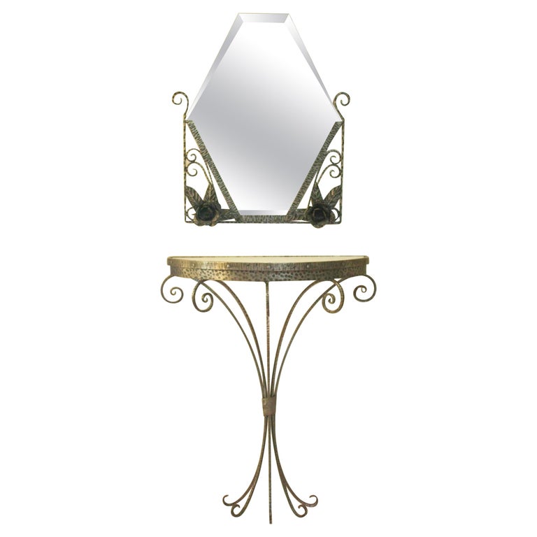 French Art Deco Wrought Iron Demi-Lune Vide Poche Entry Table & Mirror Set
