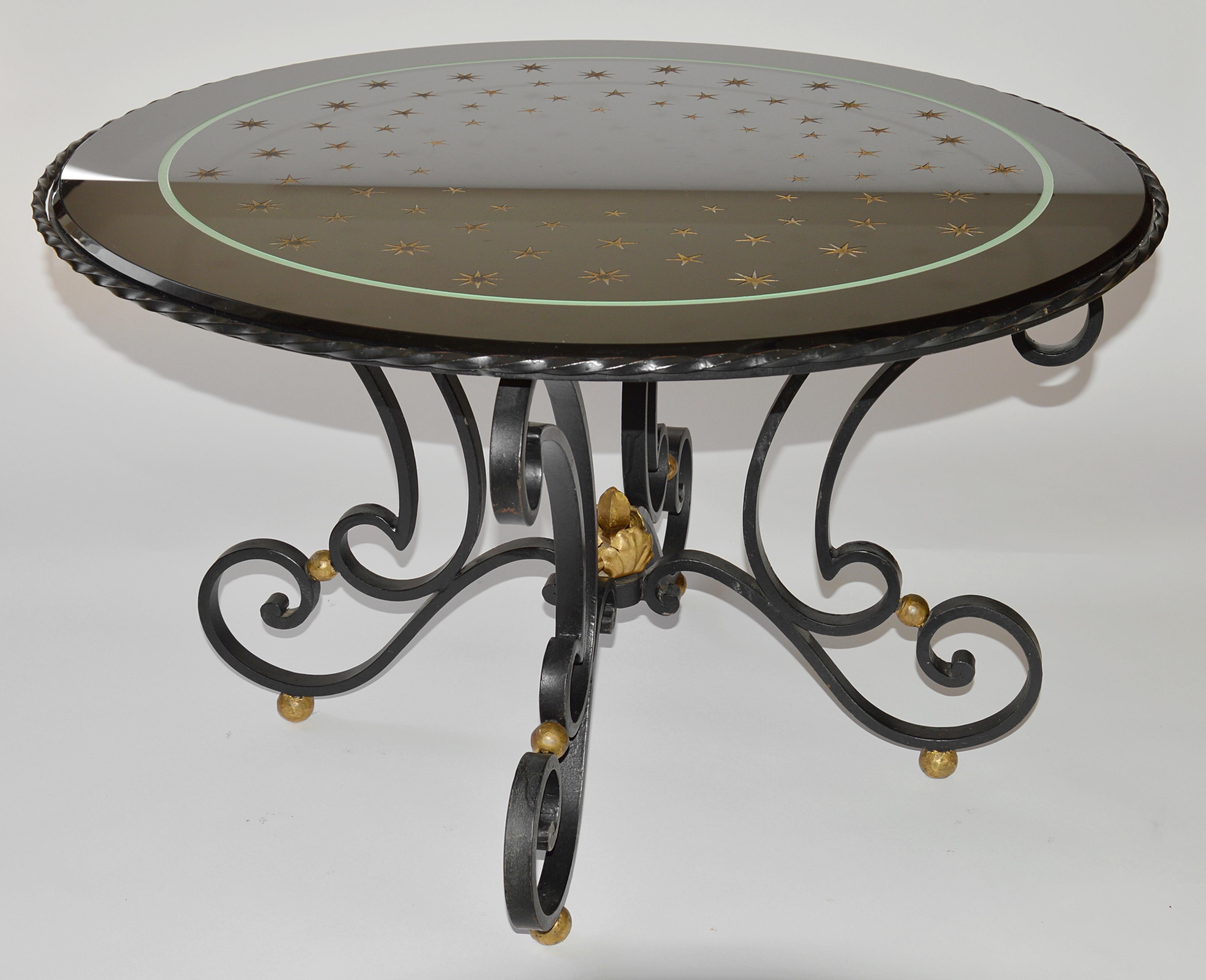French Art Deco Wrought-Iron & Etched Glass Milky Way Coffee Table, Late 1930s In Good Condition For Sale In Saint-Amans-des-Cots, FR