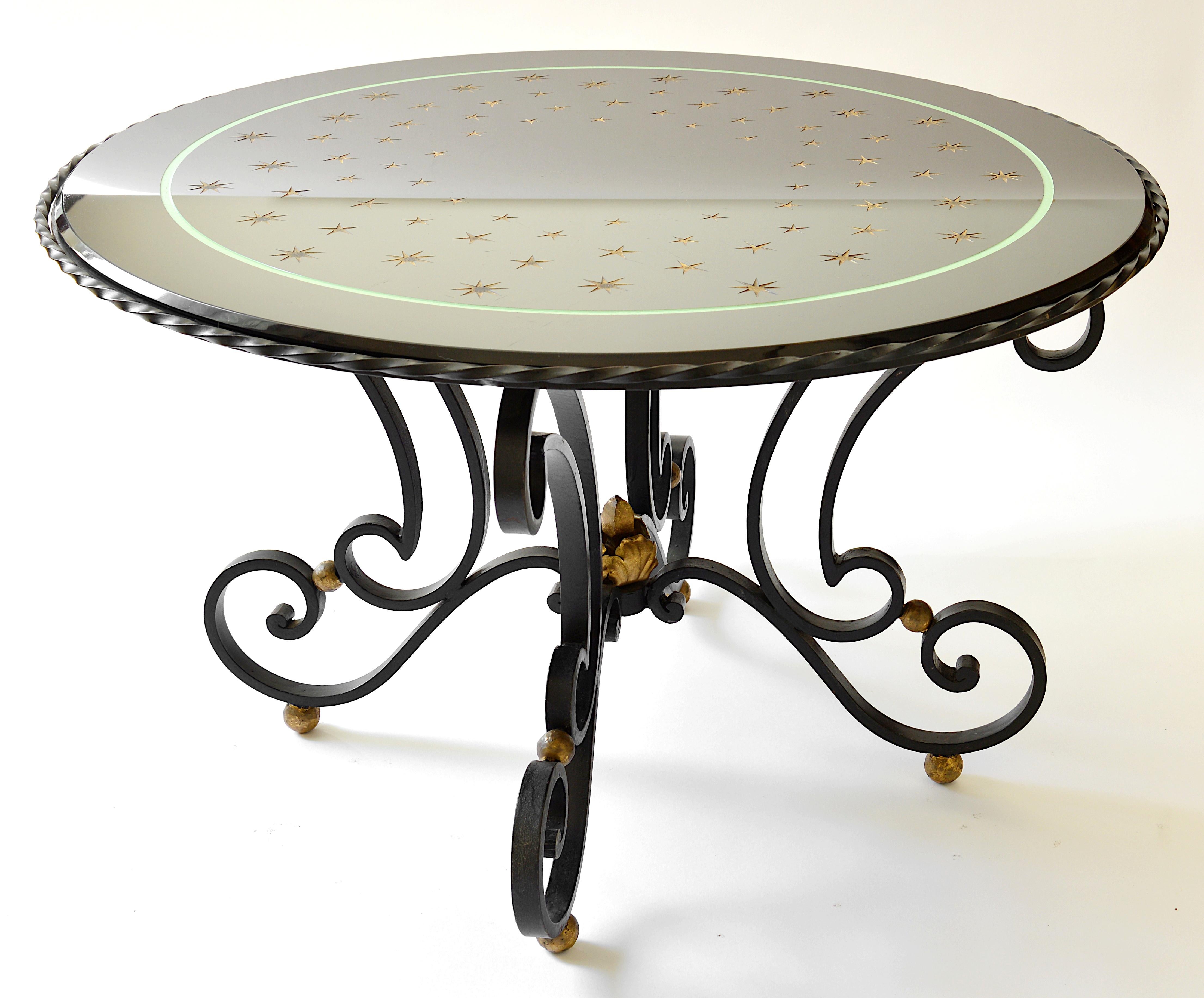 Mid-20th Century French Art Deco Wrought-Iron & Etched Glass Milky Way Coffee Table, Late 1930s For Sale