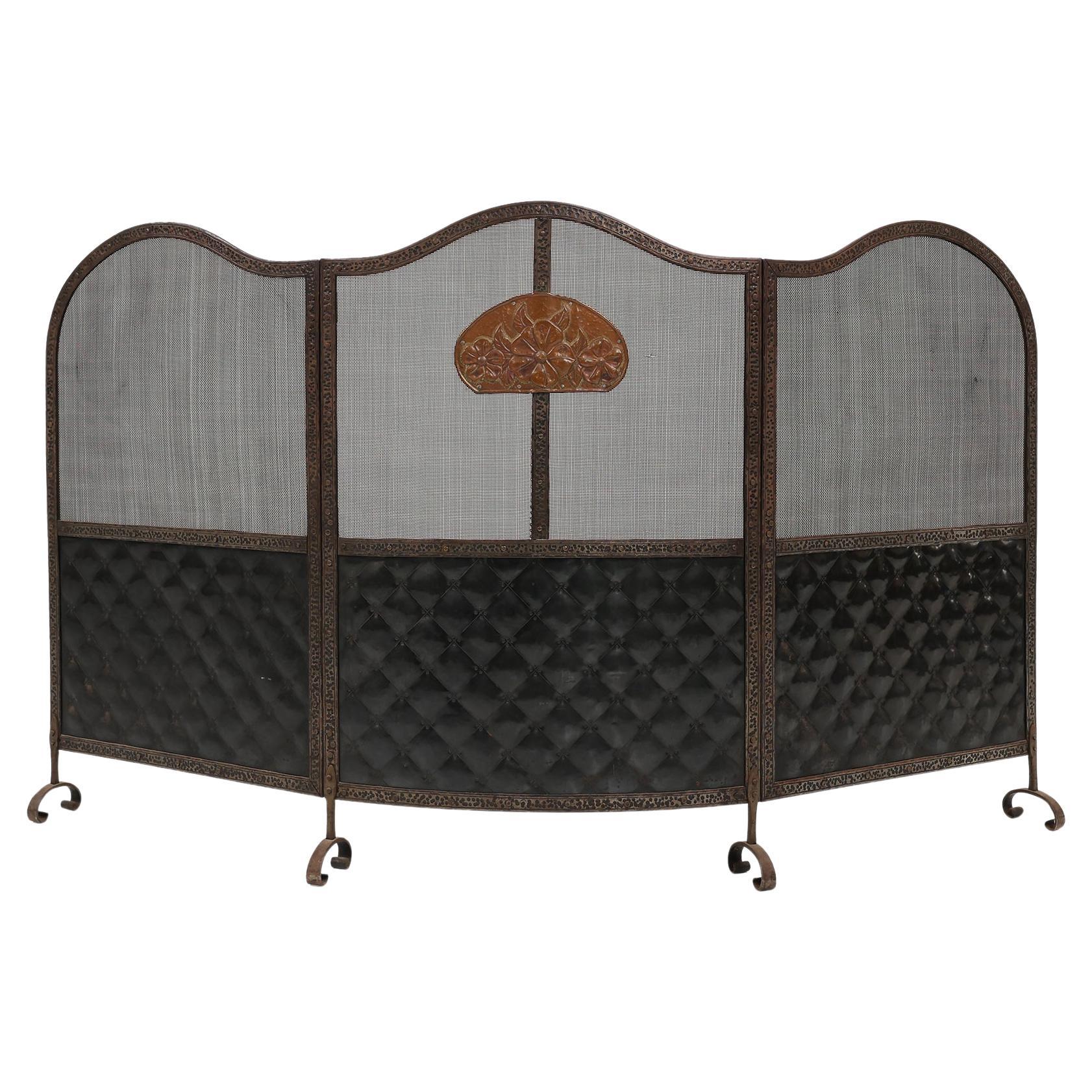 French Art Deco wrought iron fireplace screen with 3 panels