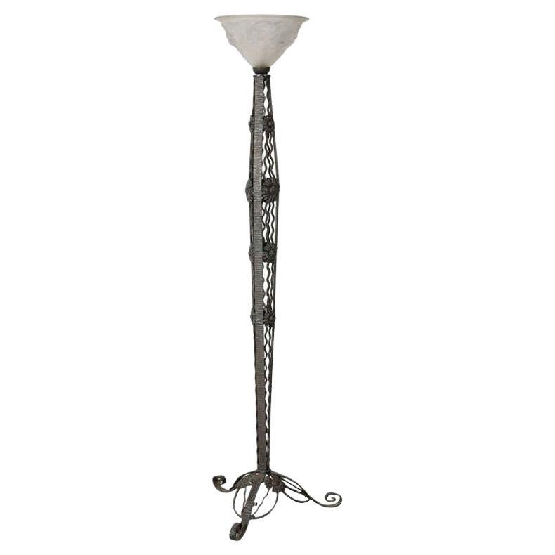 French Art Deco Wrought Iron Floor Lamp in the Style of Edgar Brandt