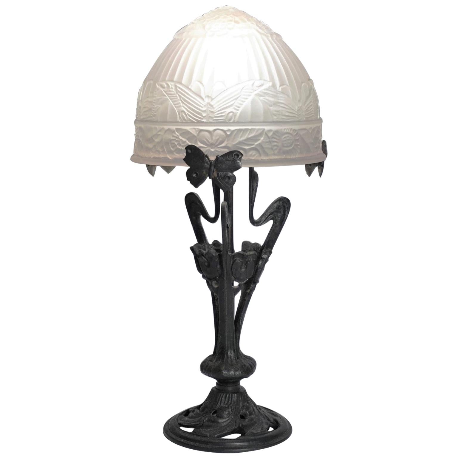 French Art Deco Wrought Iron Frosted Art Glass Table Lamp