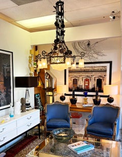 French Art Deco Wrought Iron, Glass Chandelier, Muller Freres Attributed, c1930