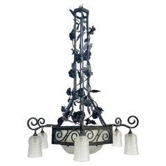 French Art Deco Wrought Iron, Glass Chandelier, Muller Freres Attributed, c1930