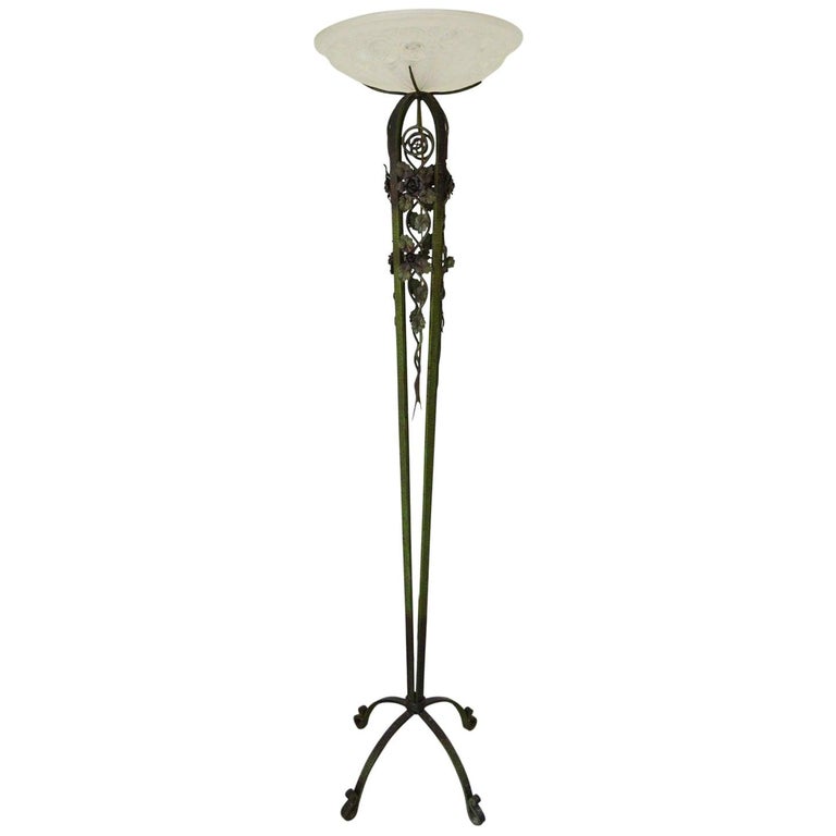 French Art Deco Wrought Iron Green Patina Floor Lamp, circa 1930 For Sale at 1stdibs