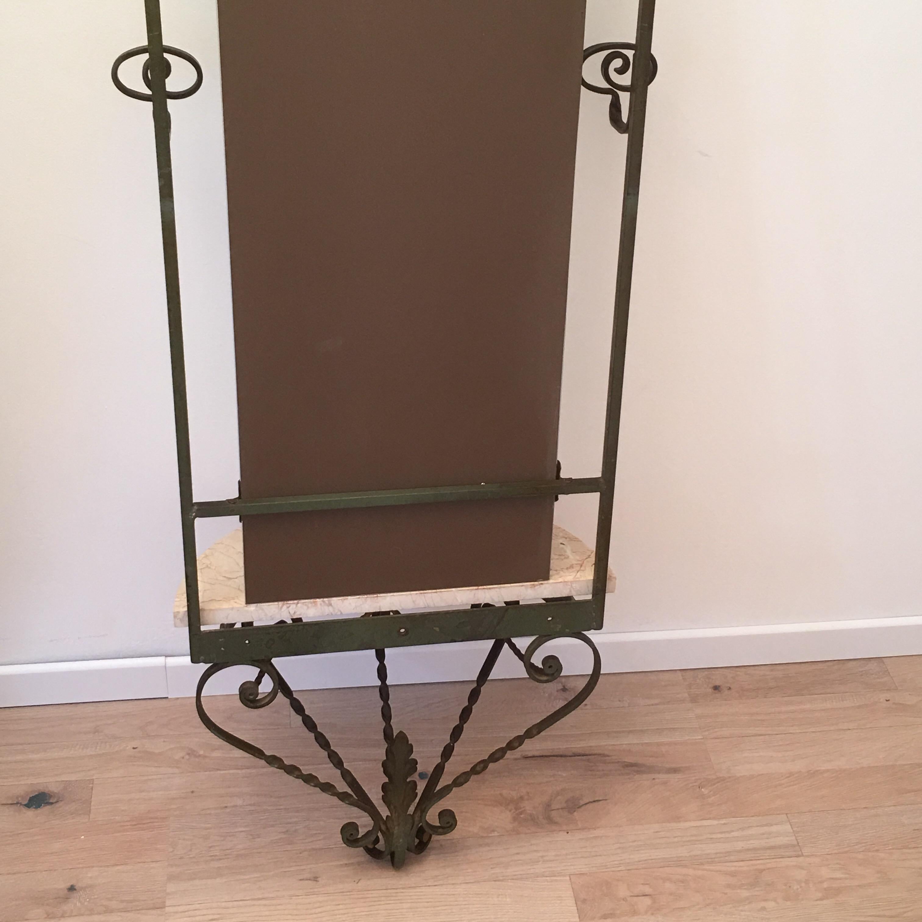 French Art Deco Wrought Iron Hall Tree Coat Rack with Marble Console and Mirror For Sale 10