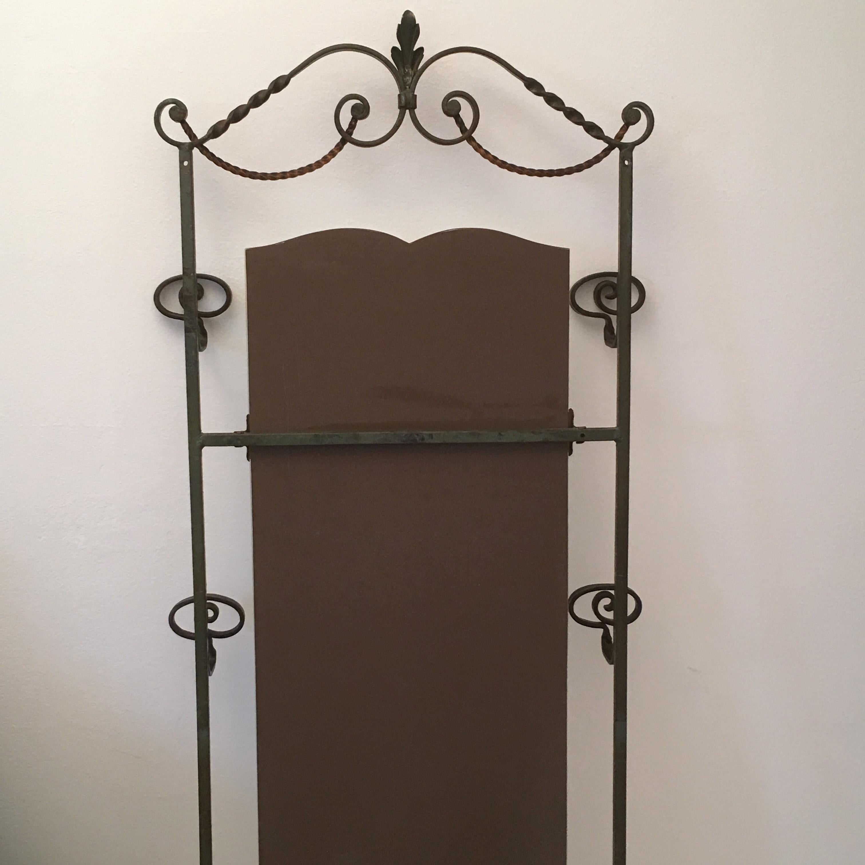 French Art Deco Wrought Iron Hall Tree Coat Rack with Marble Console and Mirror For Sale 11