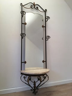 French Art Deco Wrought Iron Hall Tree Coat Rack with Marble Console and Mirror