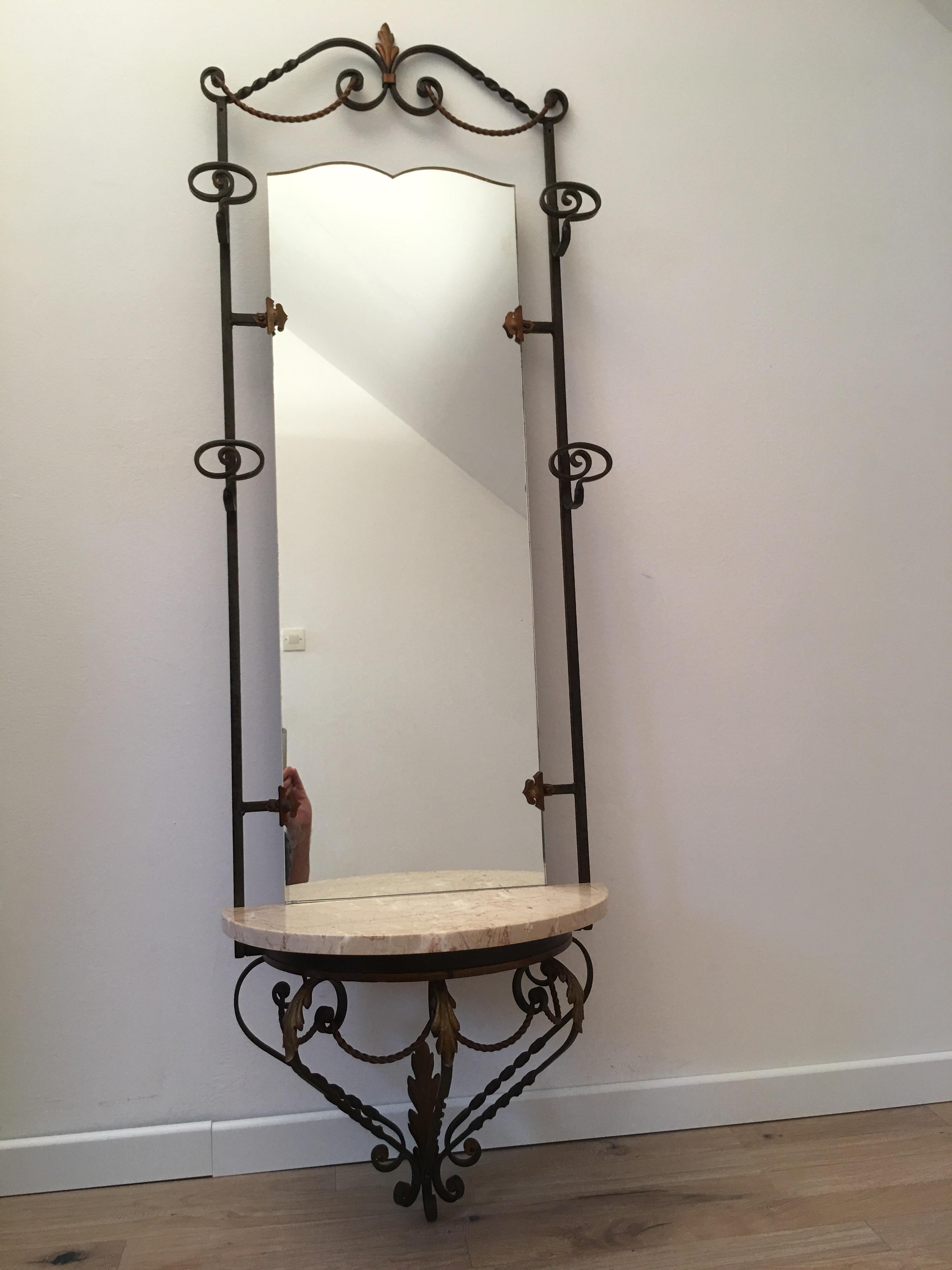 Forged French Art Deco Wrought Iron Hall Tree Coat Rack with Marble Console and Mirror For Sale