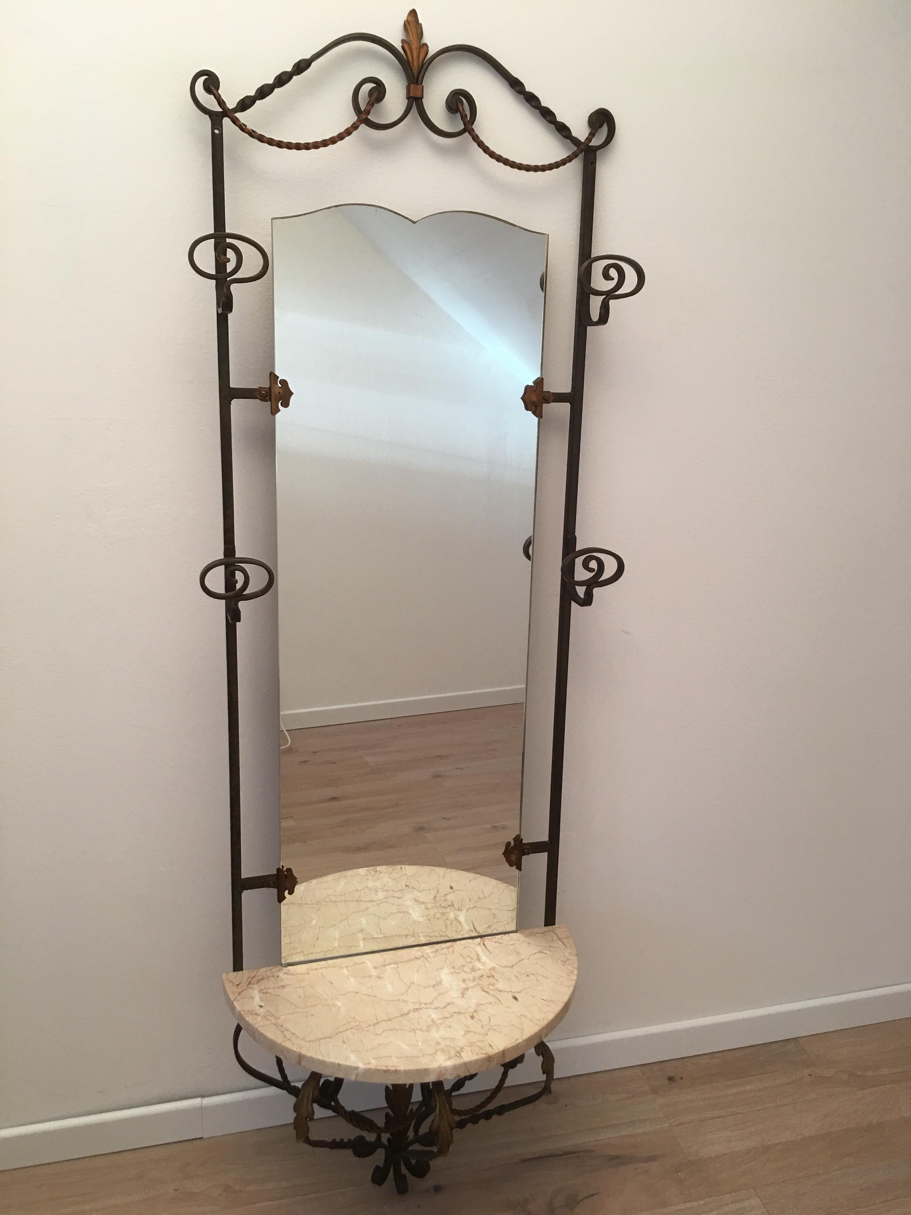 French Art Deco Wrought Iron Hall Tree Coat Rack with Marble Console and Mirror In Good Condition For Sale In Aix En Provence, FR
