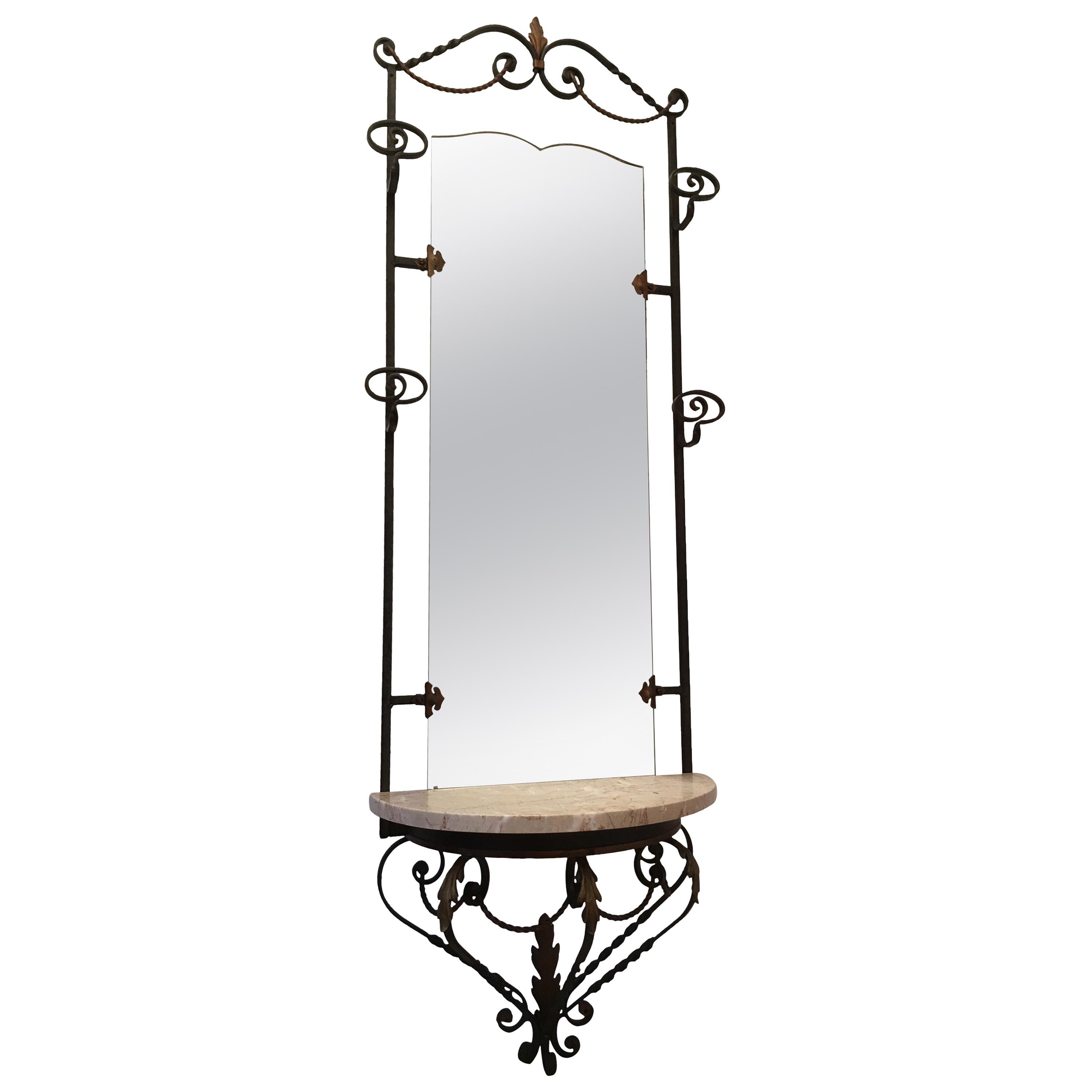 French Art Deco Wrought Iron Hall Tree Coat Rack with Marble Console and Mirror For Sale
