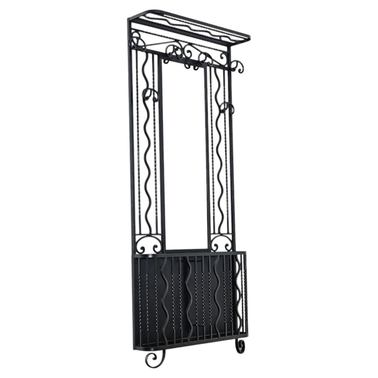 French Art Deco Wrought Iron Hall Tree with Mirror For Sale