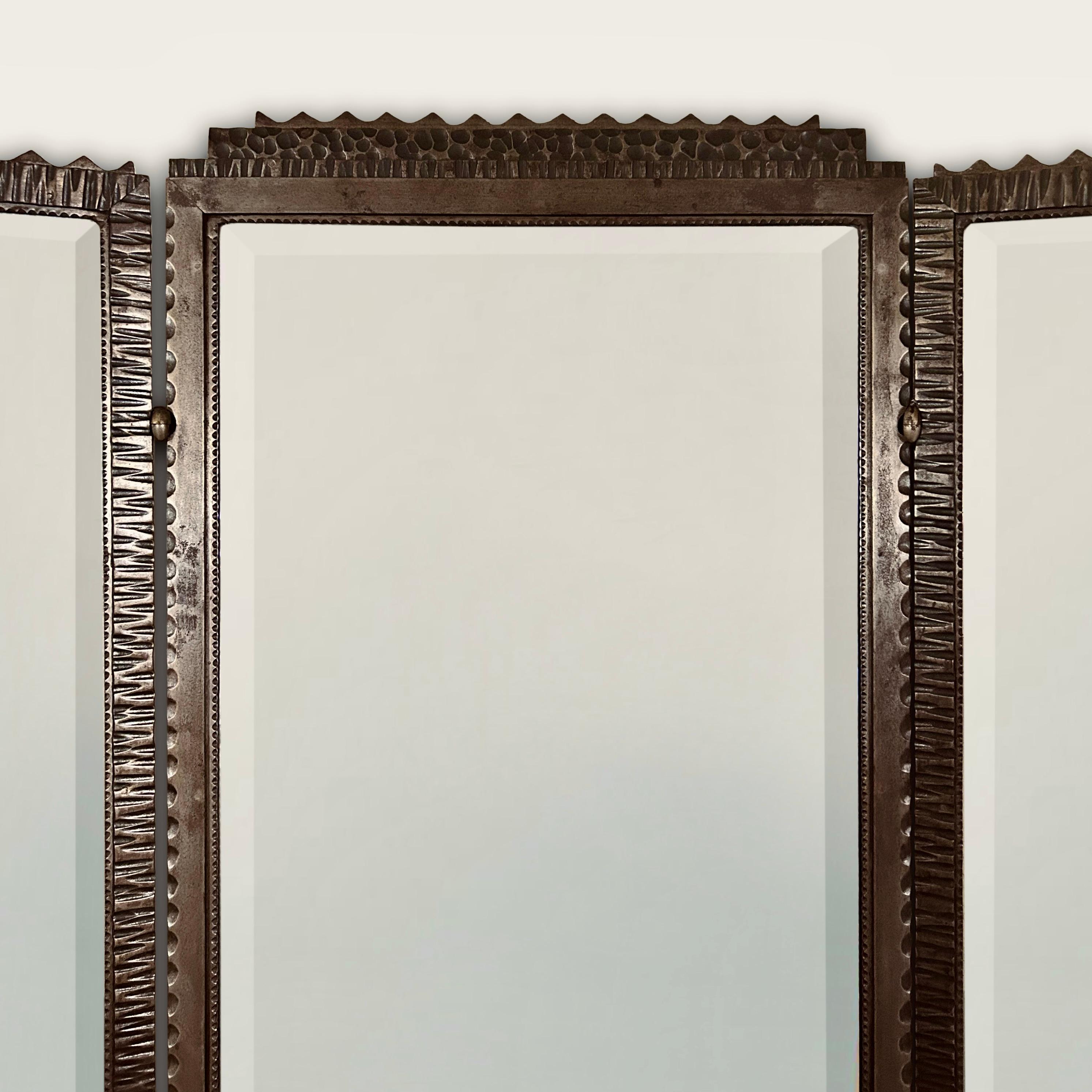 Wrought Iron French Art Deco Full Length Triptych Mirror attributed to Raymond Subes For Sale