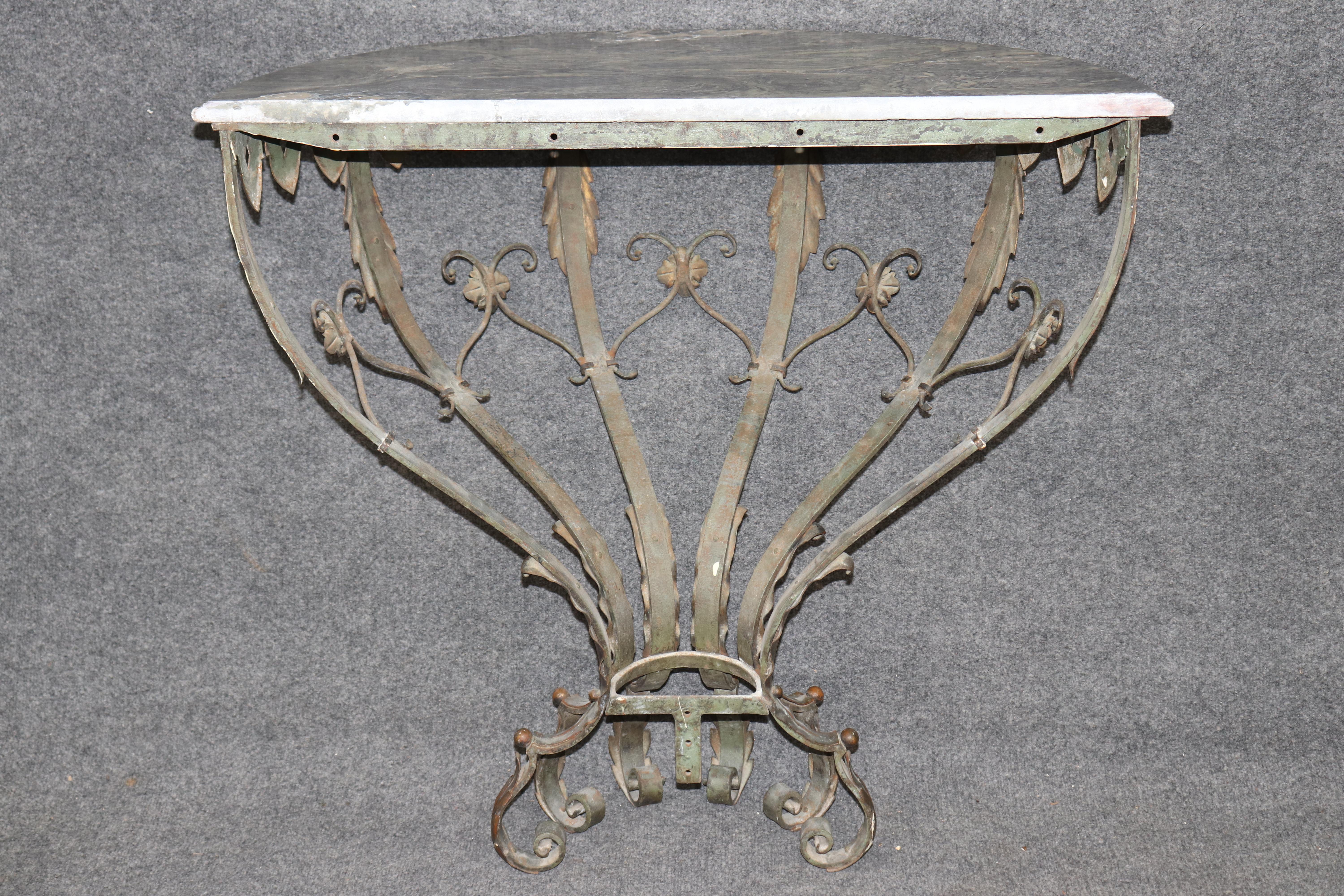 French Art Deco Wrought Iron Marble Top Wall Mounted Console Table For Sale 6