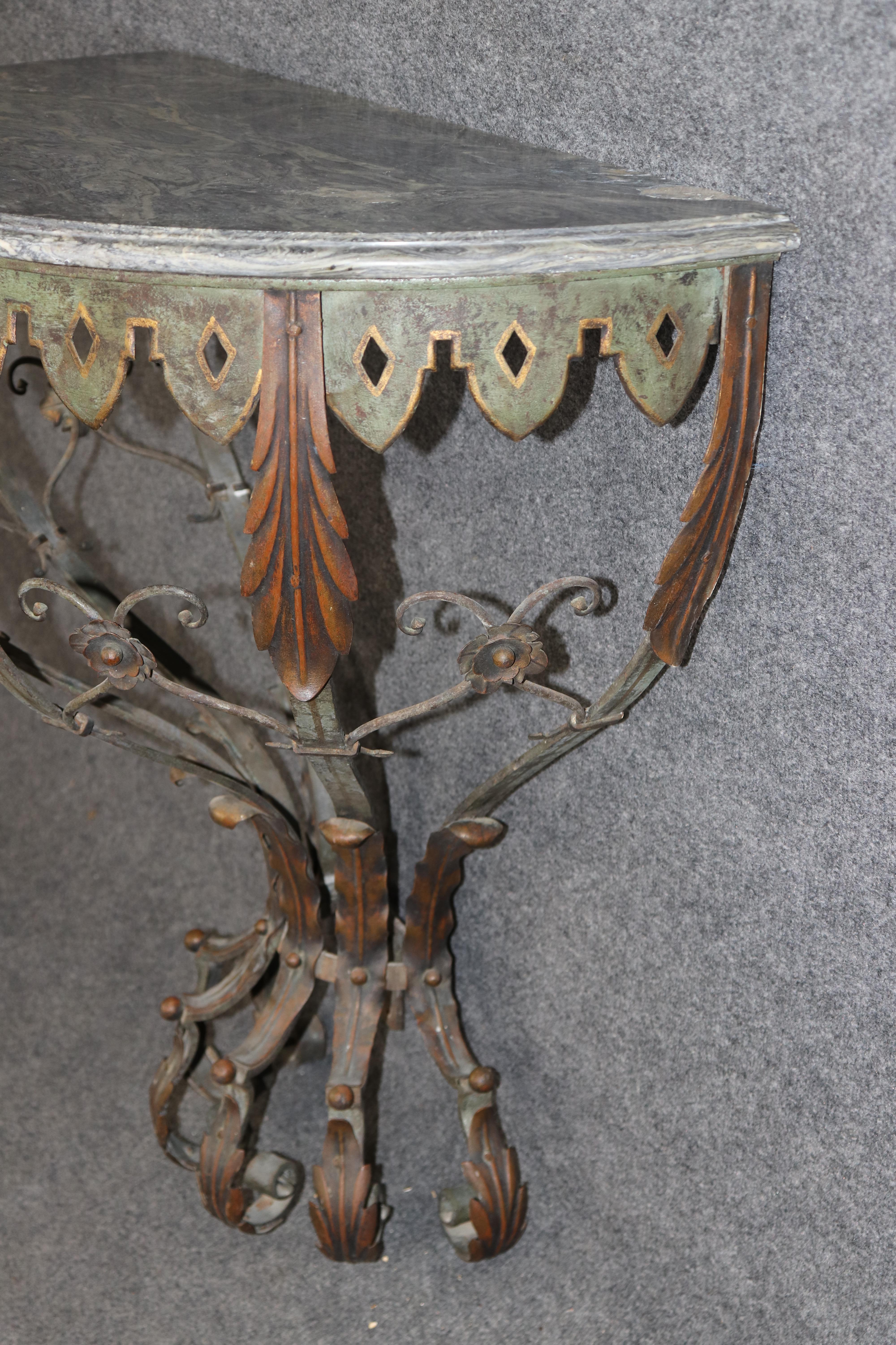 Metalwork French Art Deco Wrought Iron Marble Top Wall Mounted Console Table For Sale