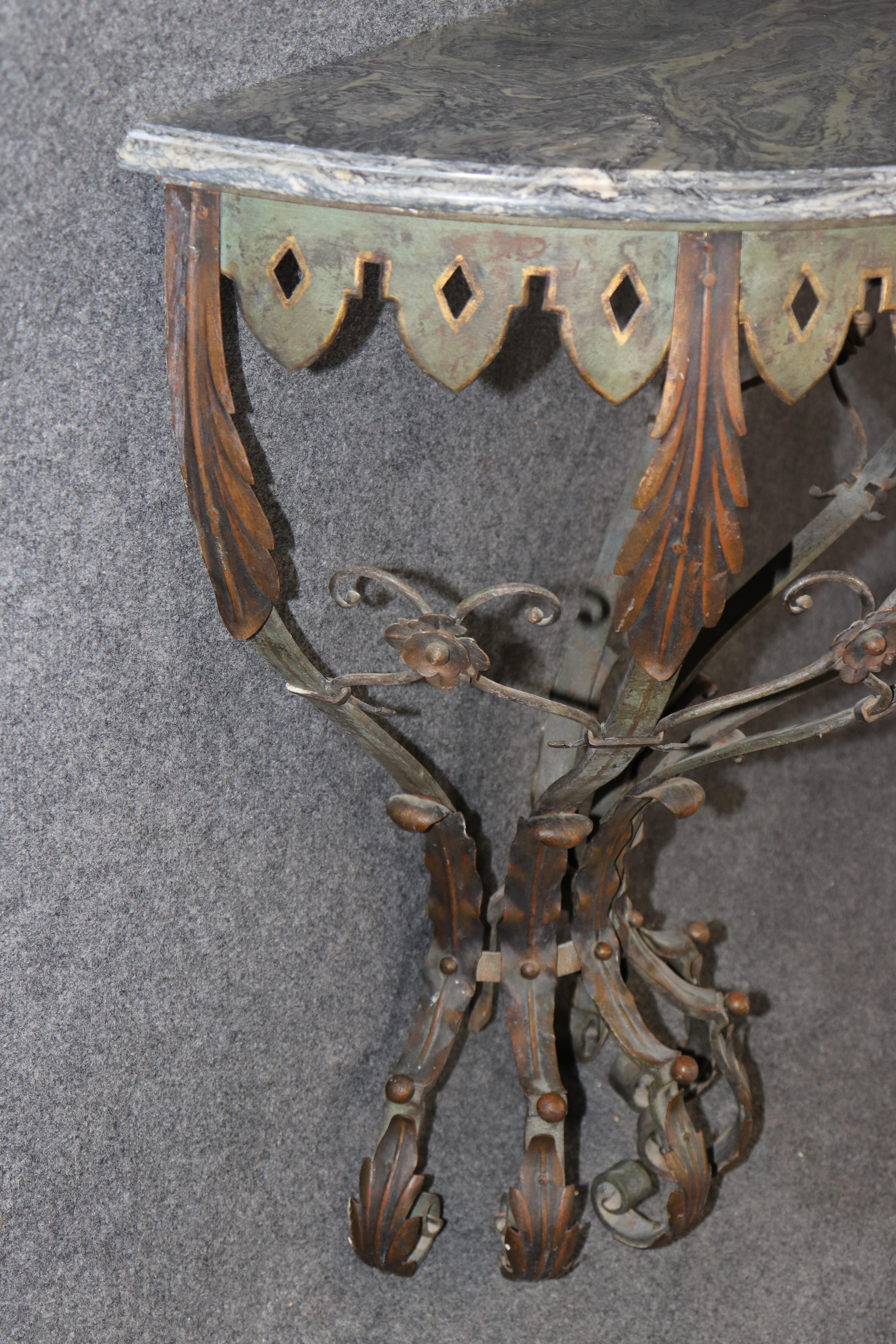 French Art Deco Wrought Iron Marble Top Wall Mounted Console Table In Good Condition For Sale In Swedesboro, NJ