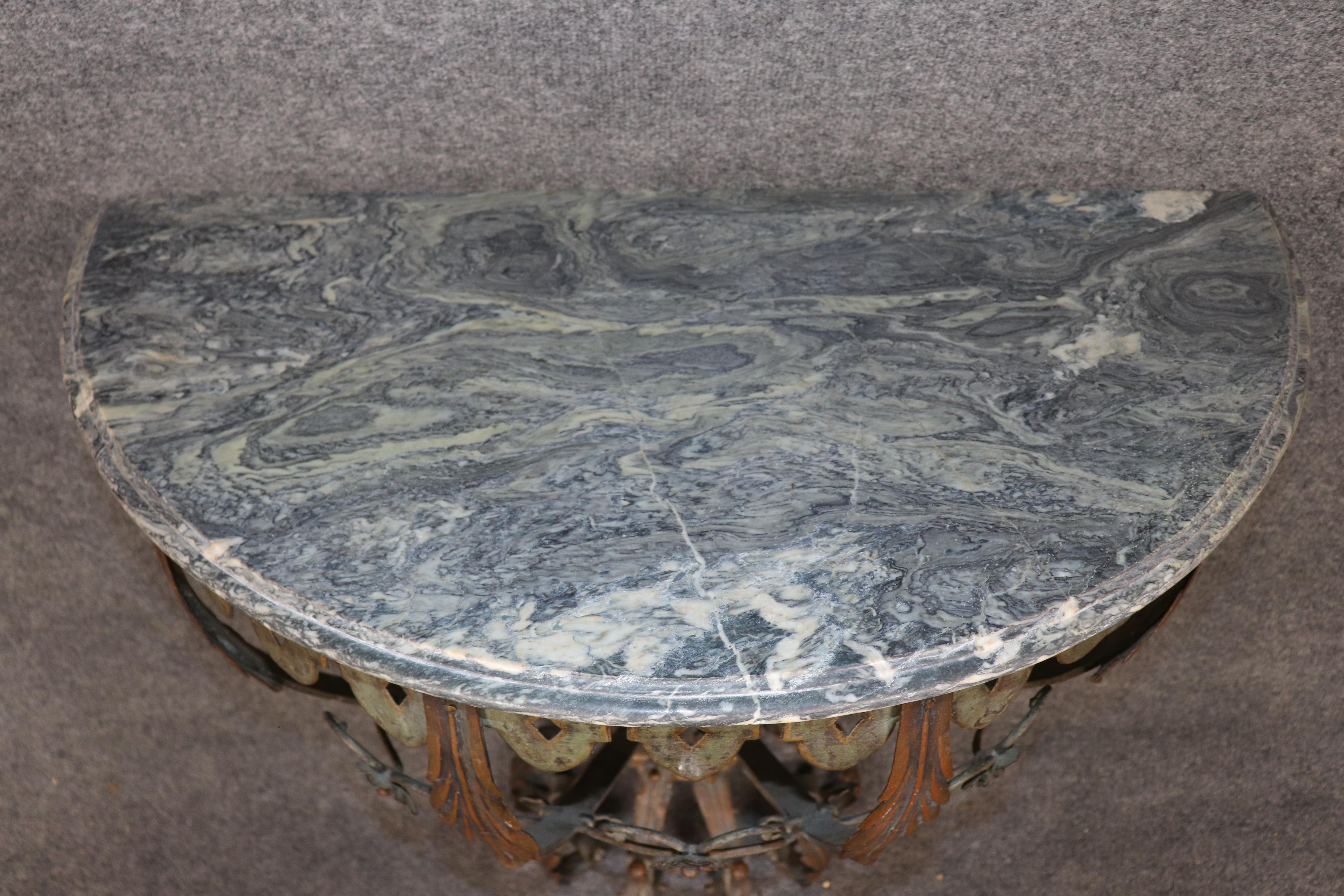 20th Century French Art Deco Wrought Iron Marble Top Wall Mounted Console Table For Sale