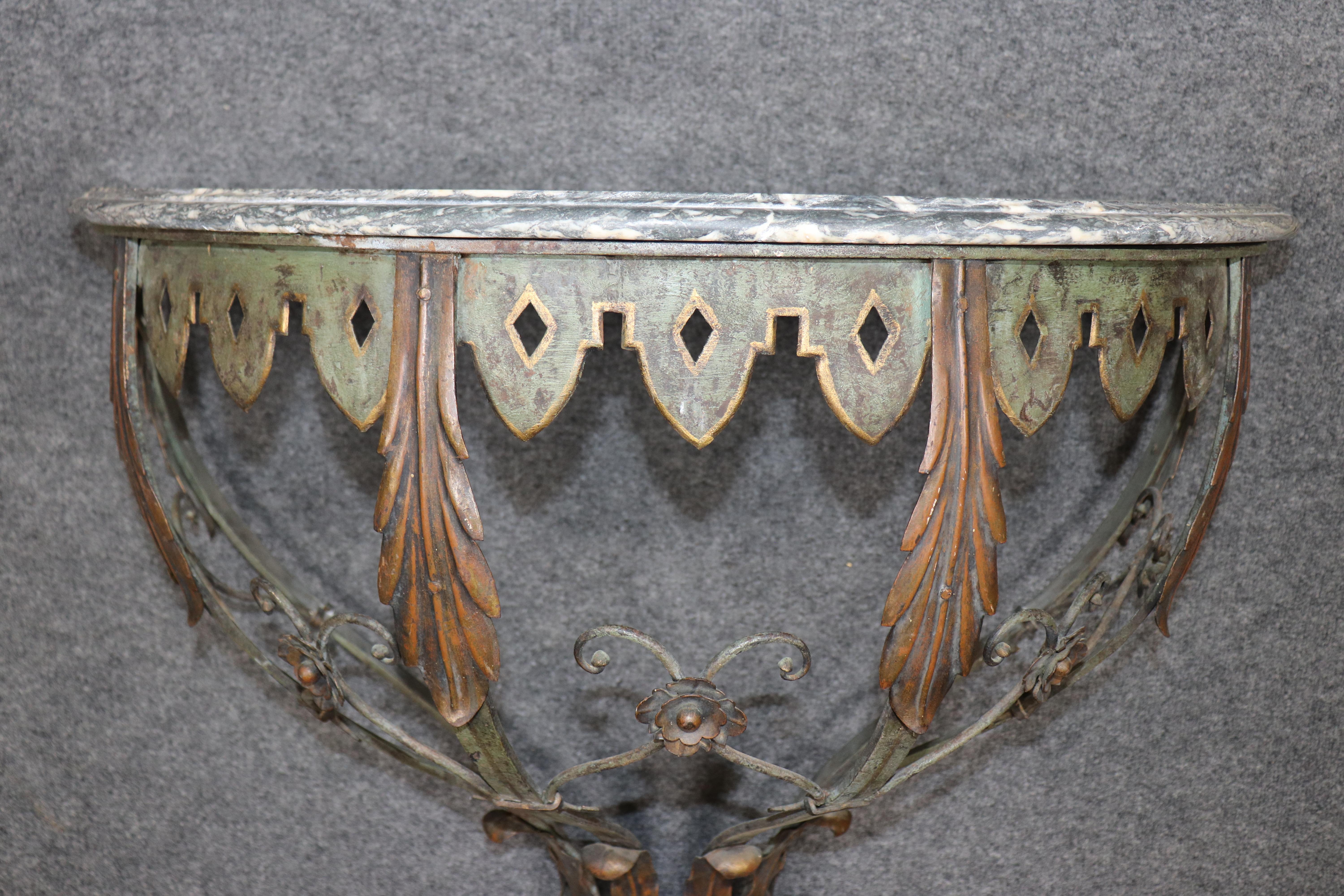 French Art Deco Wrought Iron Marble Top Wall Mounted Console Table For Sale 2