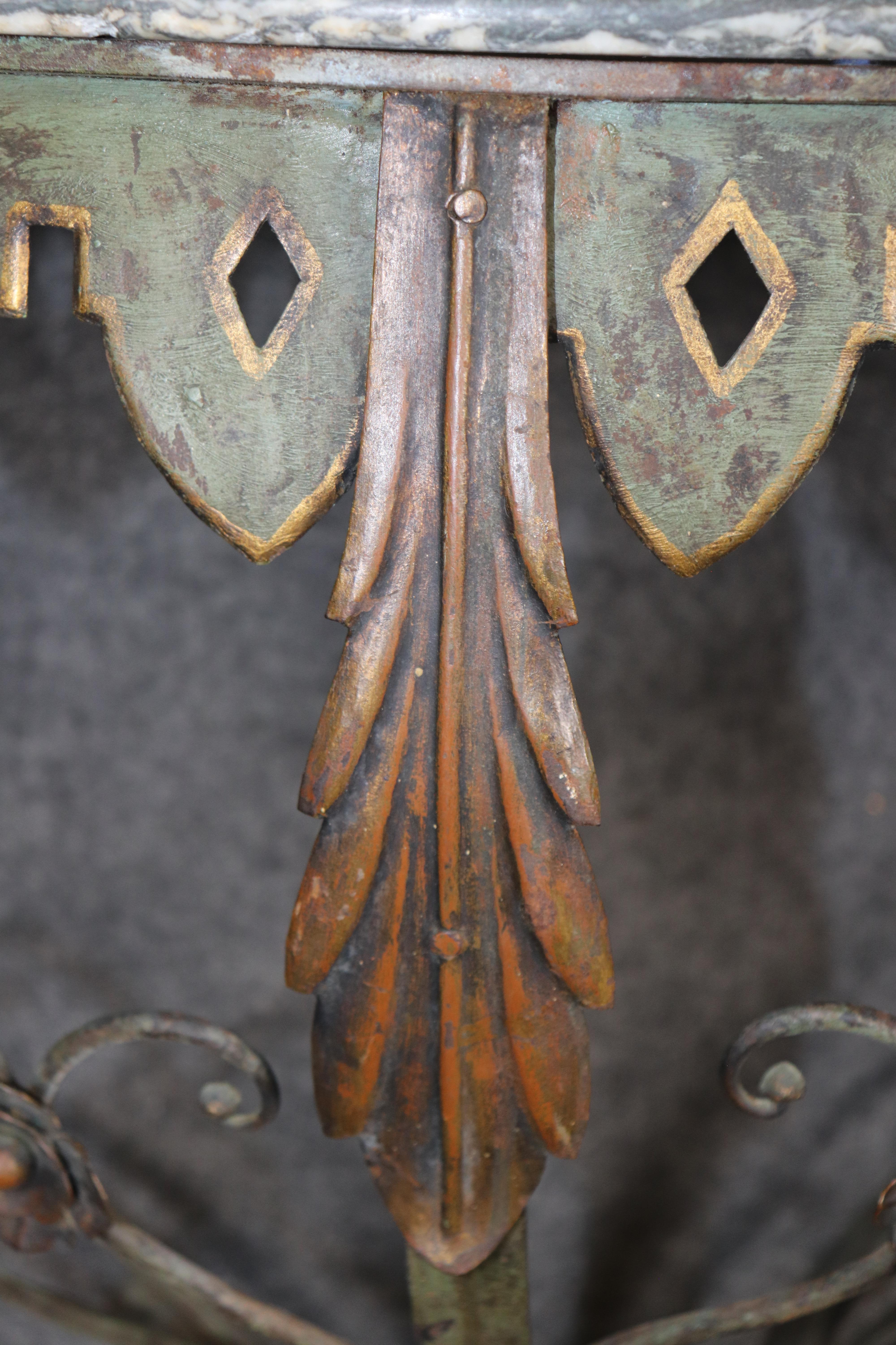 French Art Deco Wrought Iron Marble Top Wall Mounted Console Table For Sale 3