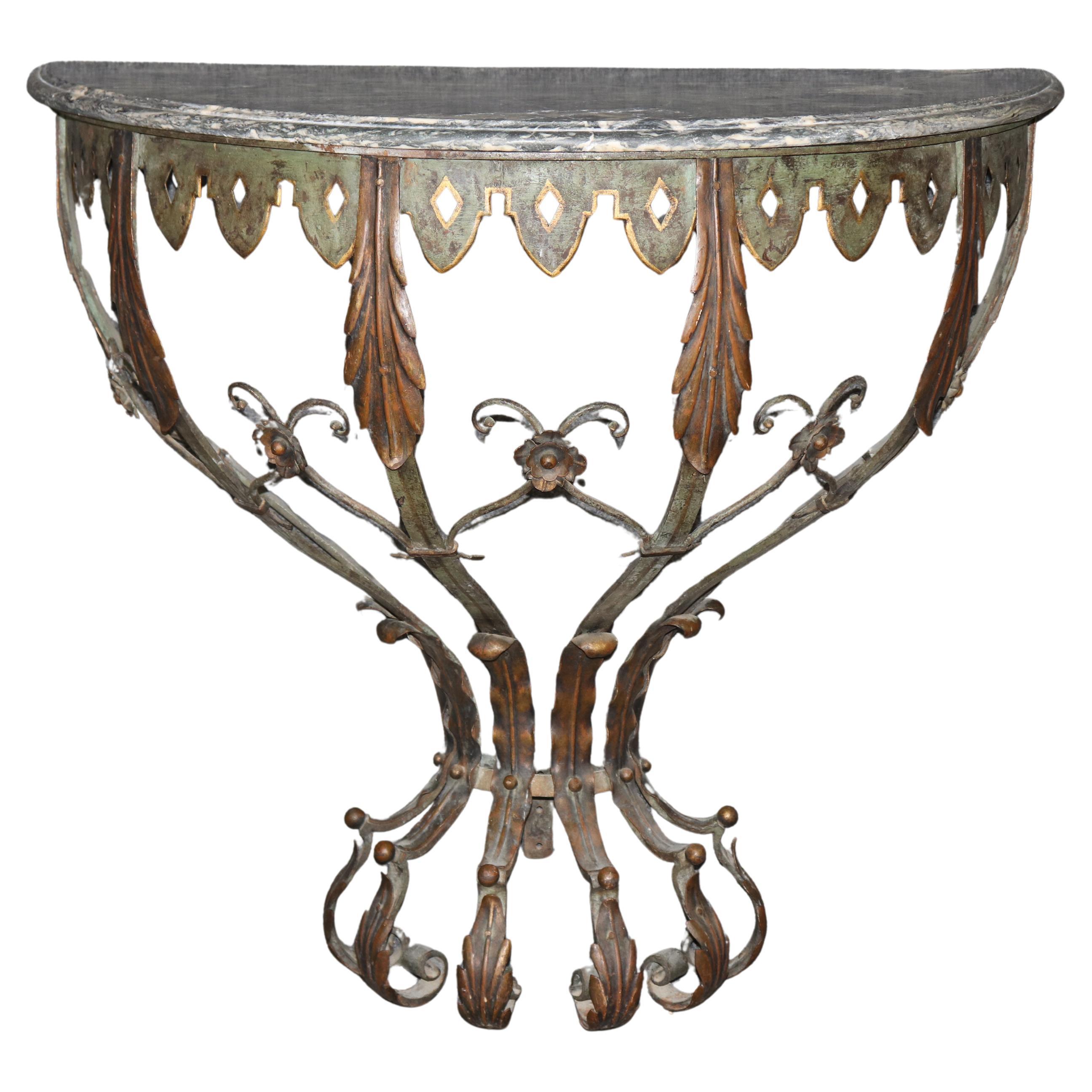 French Art Deco Wrought Iron Marble Top Wall Mounted Console Table